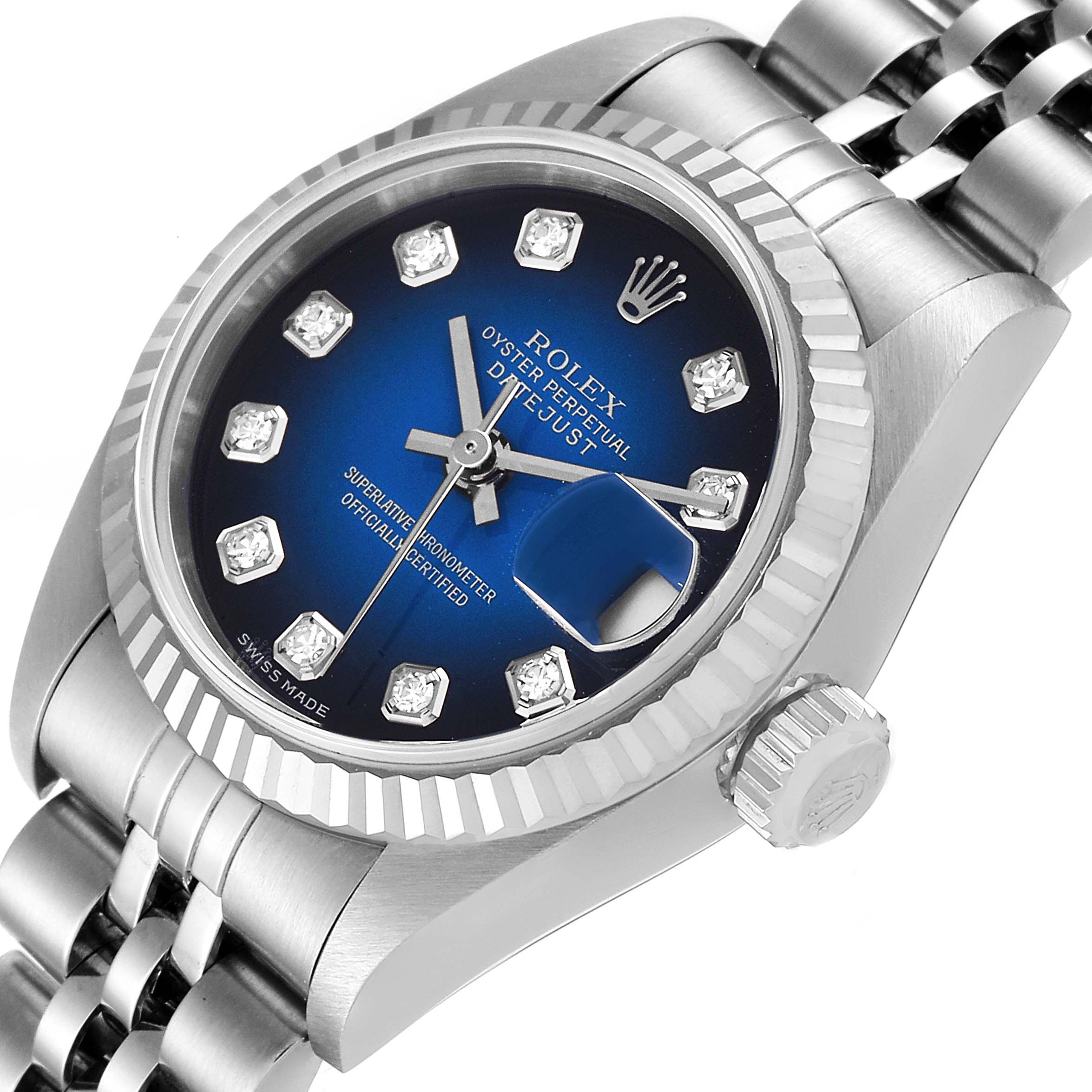 The Rolex Datejust 79174 Women's Stainless Steel Blue Dial 79174 Women's Stainless Steel Blue Dial watch is shown from an angled top-down view, highlighting the dial, bezel, crown, and part of the bracelet.