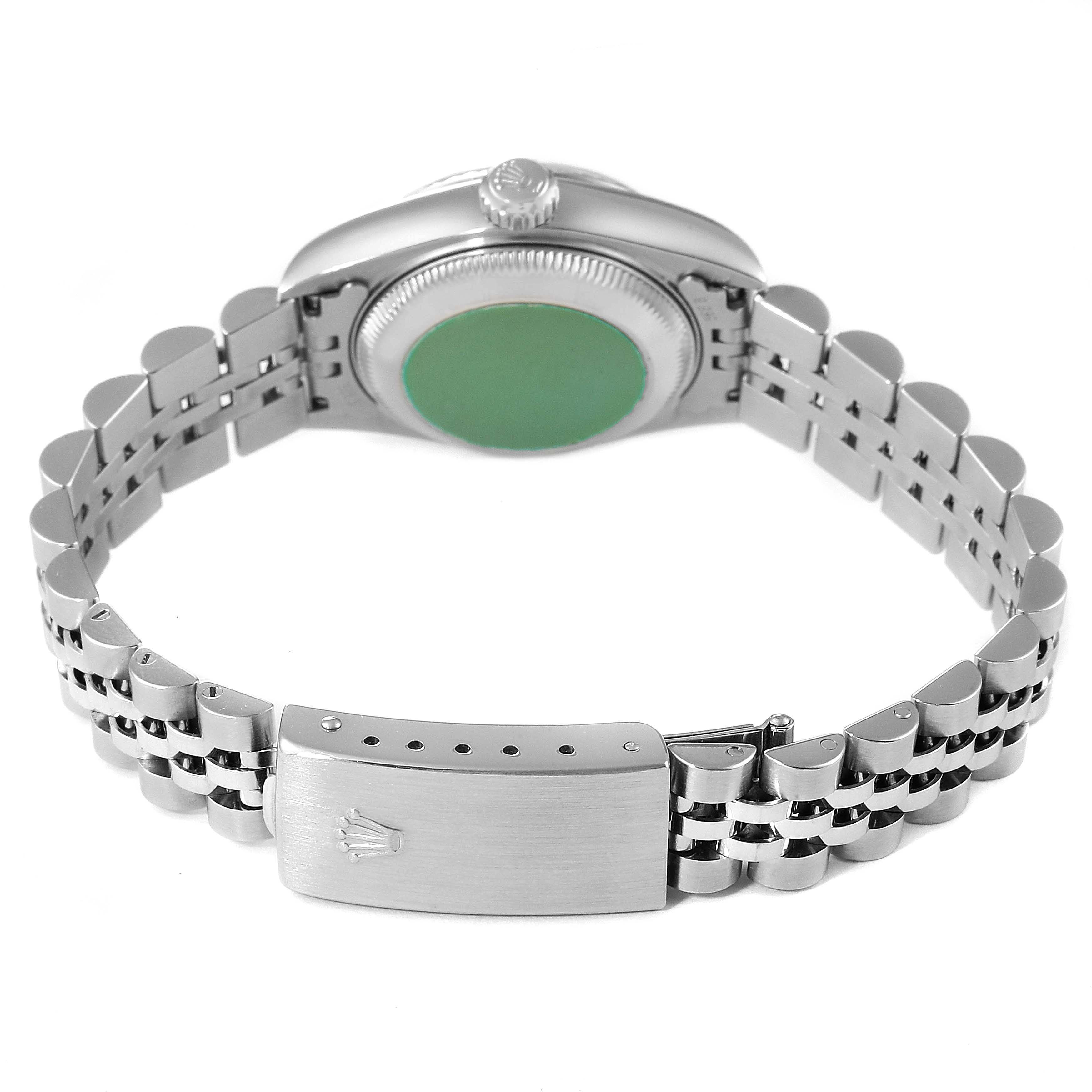 The image shows the clasp and back case of a Rolex Datejust 79174 Women's Stainless Steel Blue Dial 79174 Women's Stainless Steel Blue Dial watch from a rear angle.