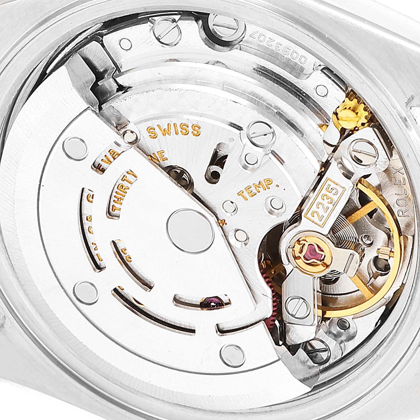 This image shows the movement mechanism of a Rolex Datejust 79174 Women's Stainless Steel Blue Dial 79174 Women's Stainless Steel Blue Dial model from an internal angle.