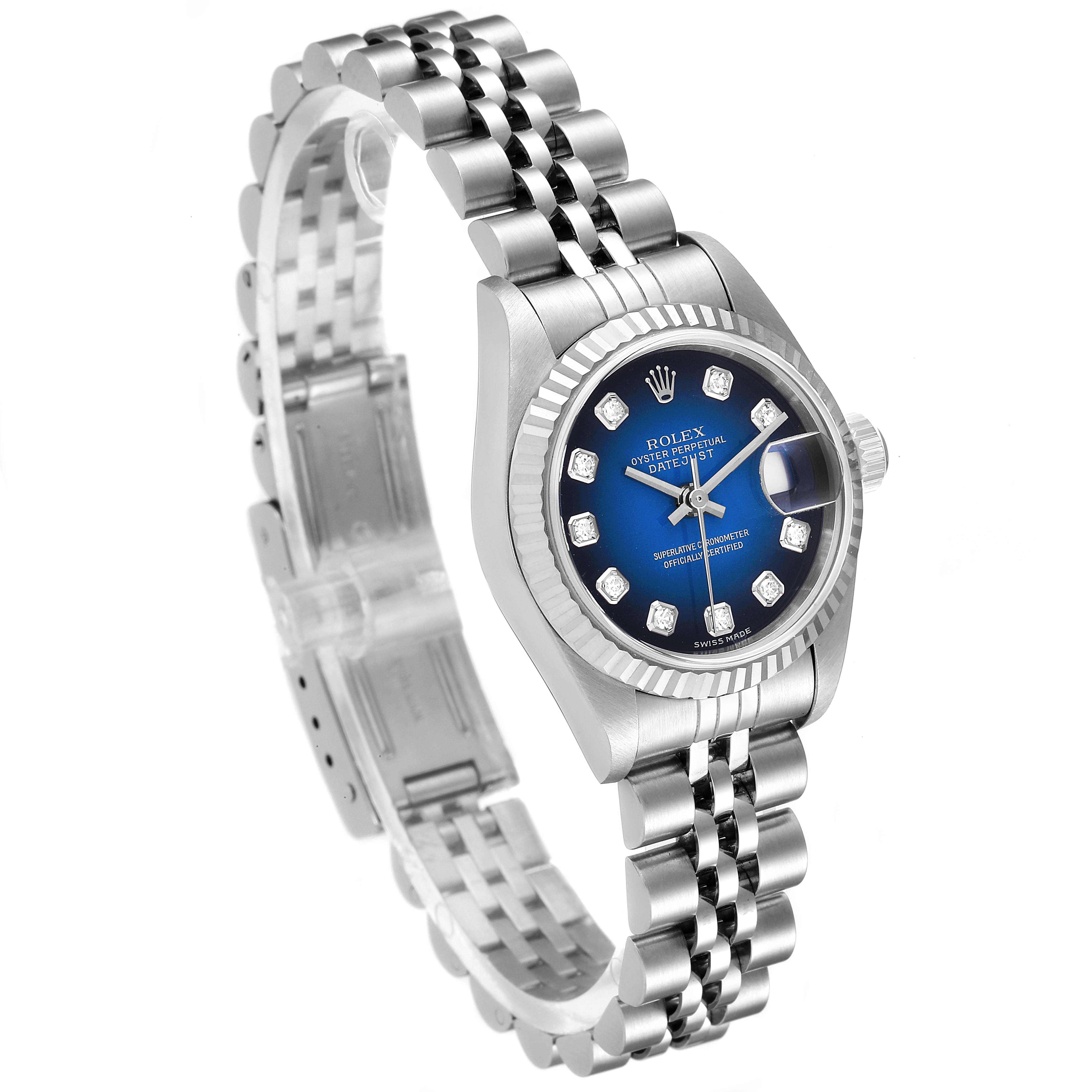 The image shows a Rolex Datejust 79174 Women's Stainless Steel Blue Dial 79174 Women's Stainless Steel Blue Dial watch at a three-quarter angle, highlighting the bezel, dial, bracelet, and clasp.