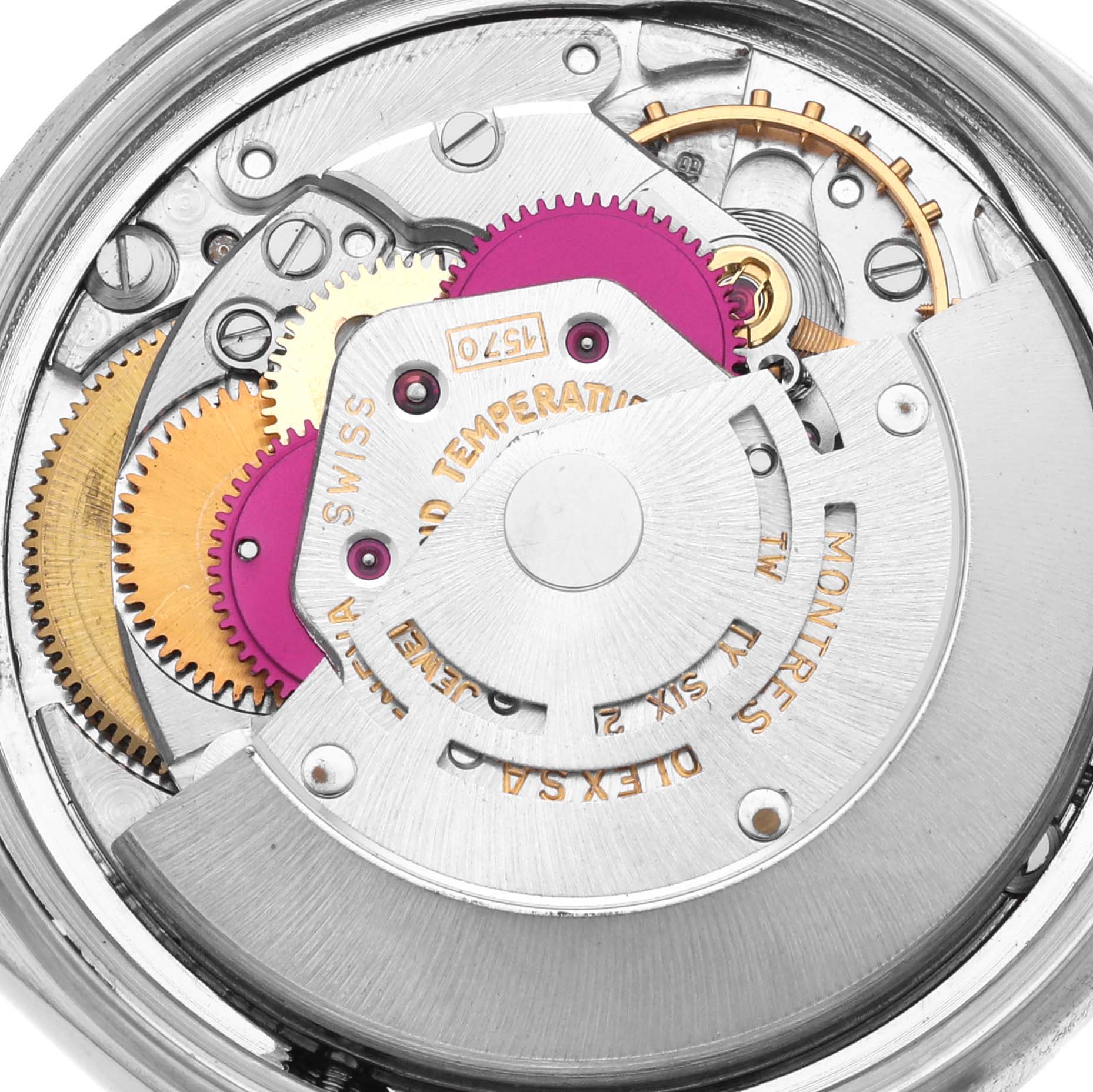 The image shows the intricate internal mechanism of a Rolex Vintage Collection 1601 Men's Stainless Steel Silver Dial 1601 Men's Stainless Steel Silver Dial watch from a top-down angle.