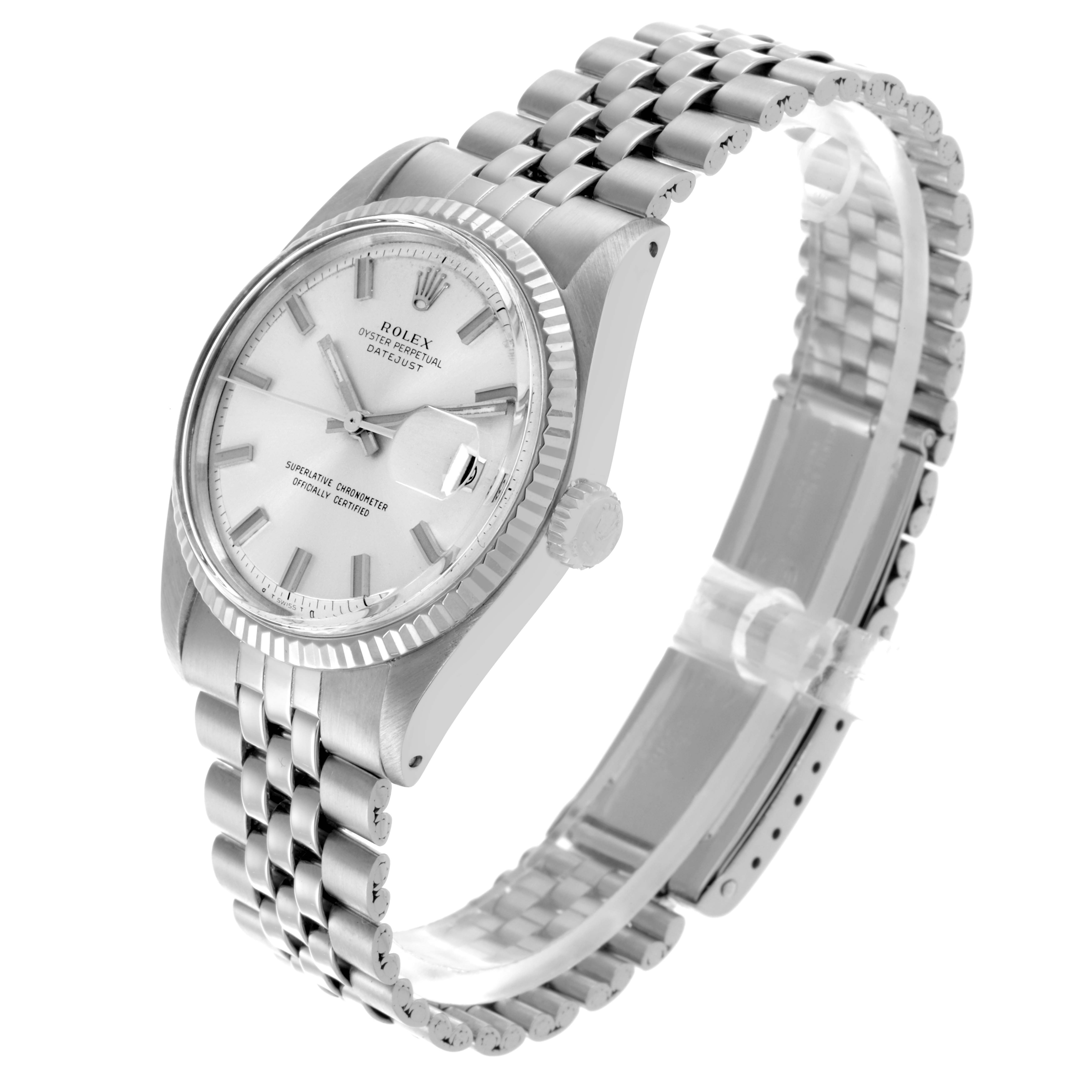 The Rolex Vintage Collection 1601 Men's Stainless Steel Silver Dial 1601 Men's Stainless Steel Silver Dial watch is shown at an angled side view, highlighting its face, bezel, crown, and jubilee bracelet.