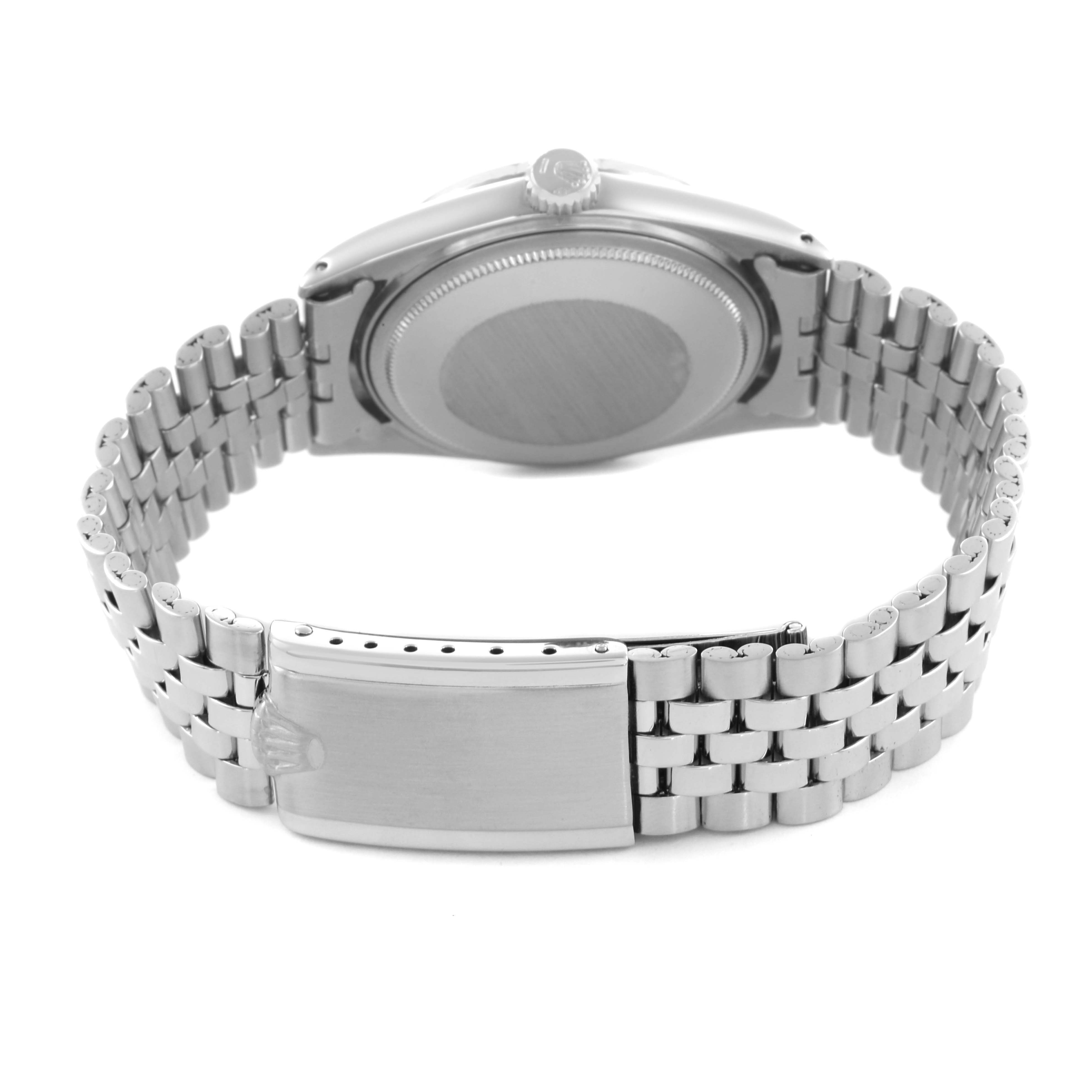 The image shows the back view of a Rolex Vintage Collection 1601 Men's Stainless Steel Silver Dial 1601 Men's Stainless Steel Silver Dial watch, highlighting the bracelet and clasp.