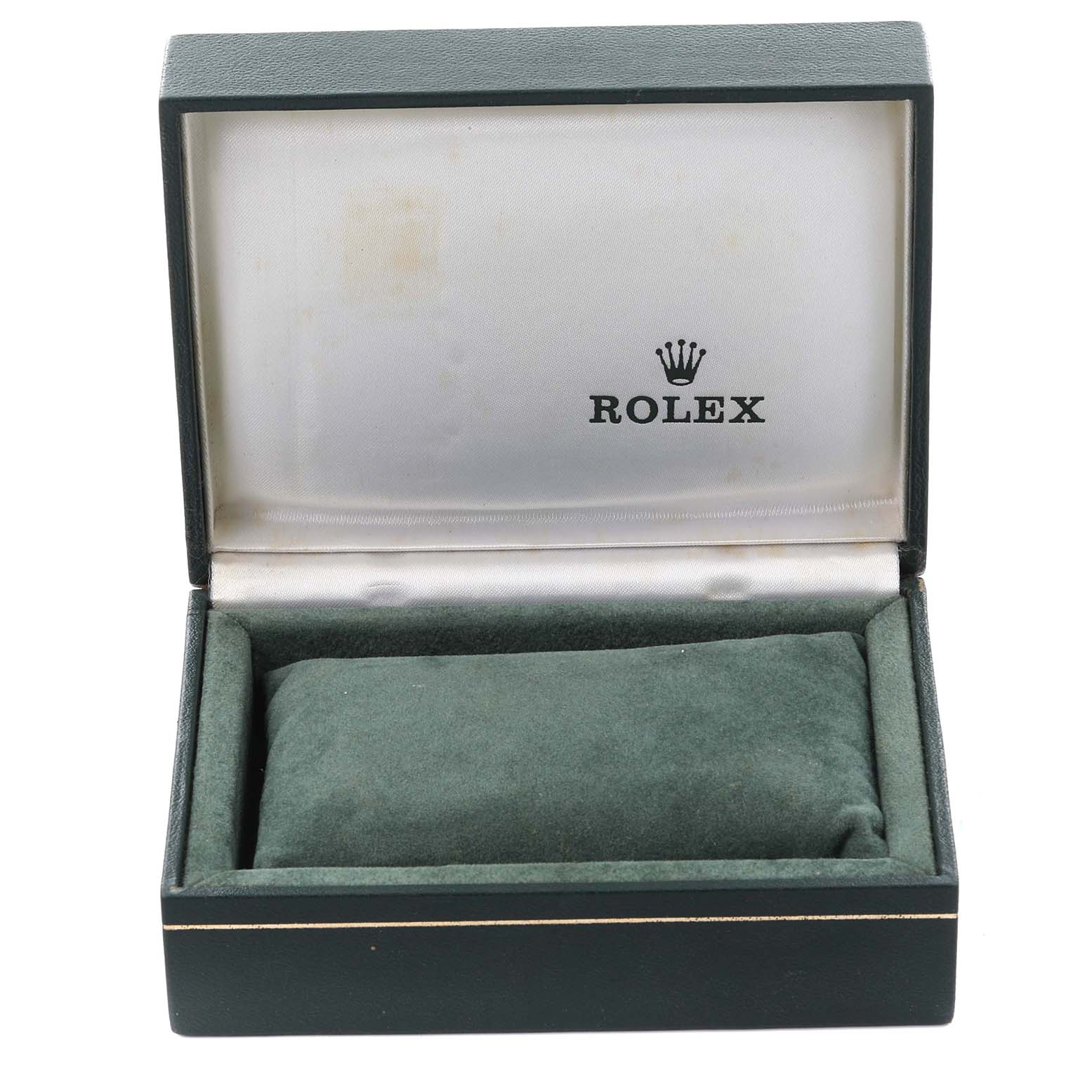 The image shows an open green watch box for a Vintage Collection model by Rolex, with the logo inside the lid.