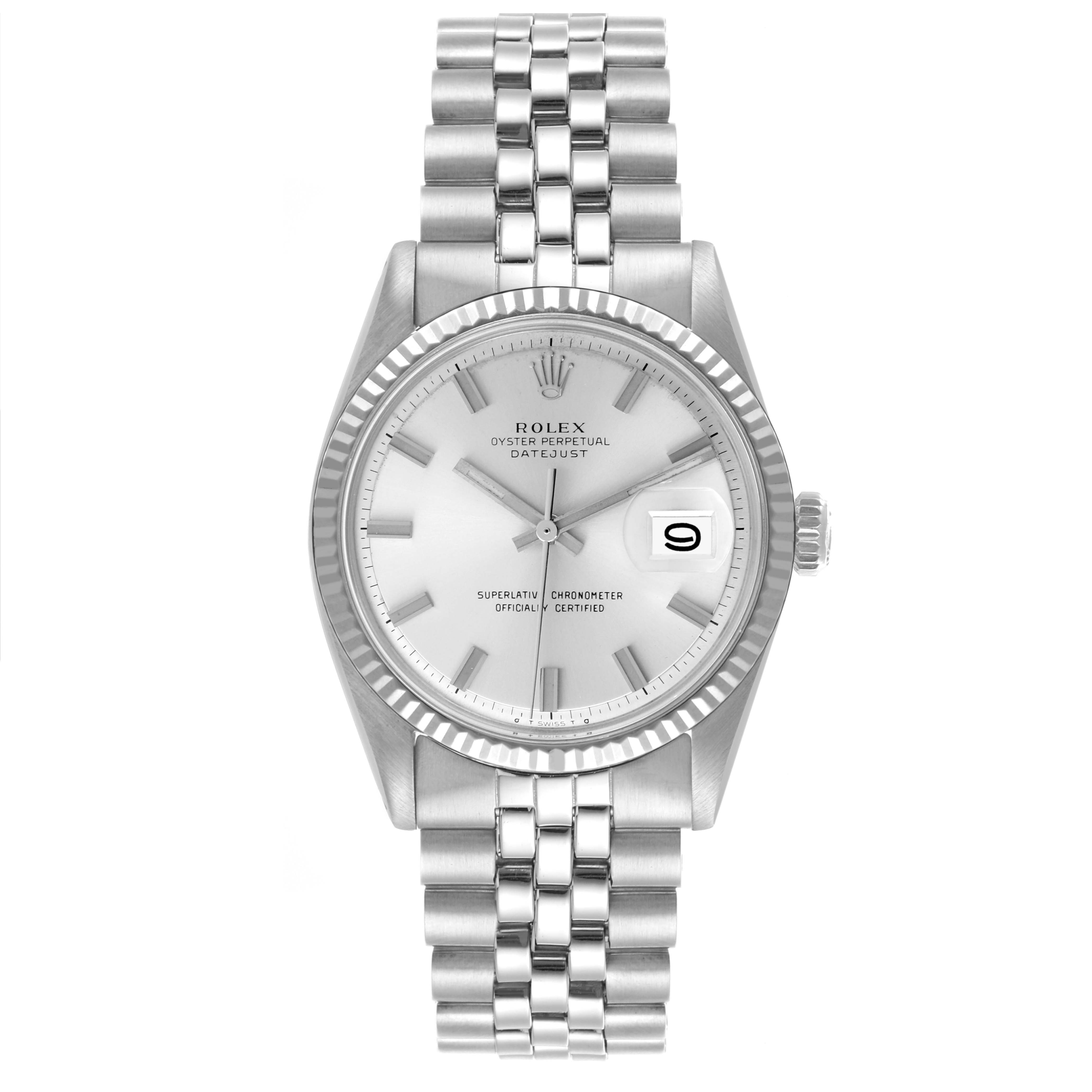The Rolex Vintage Collection 1601 Men's Stainless Steel Silver Dial 1601 Men's Stainless Steel Silver Dial model is shown from a front angle, displaying the dial, hands, bezel, and bracelet.