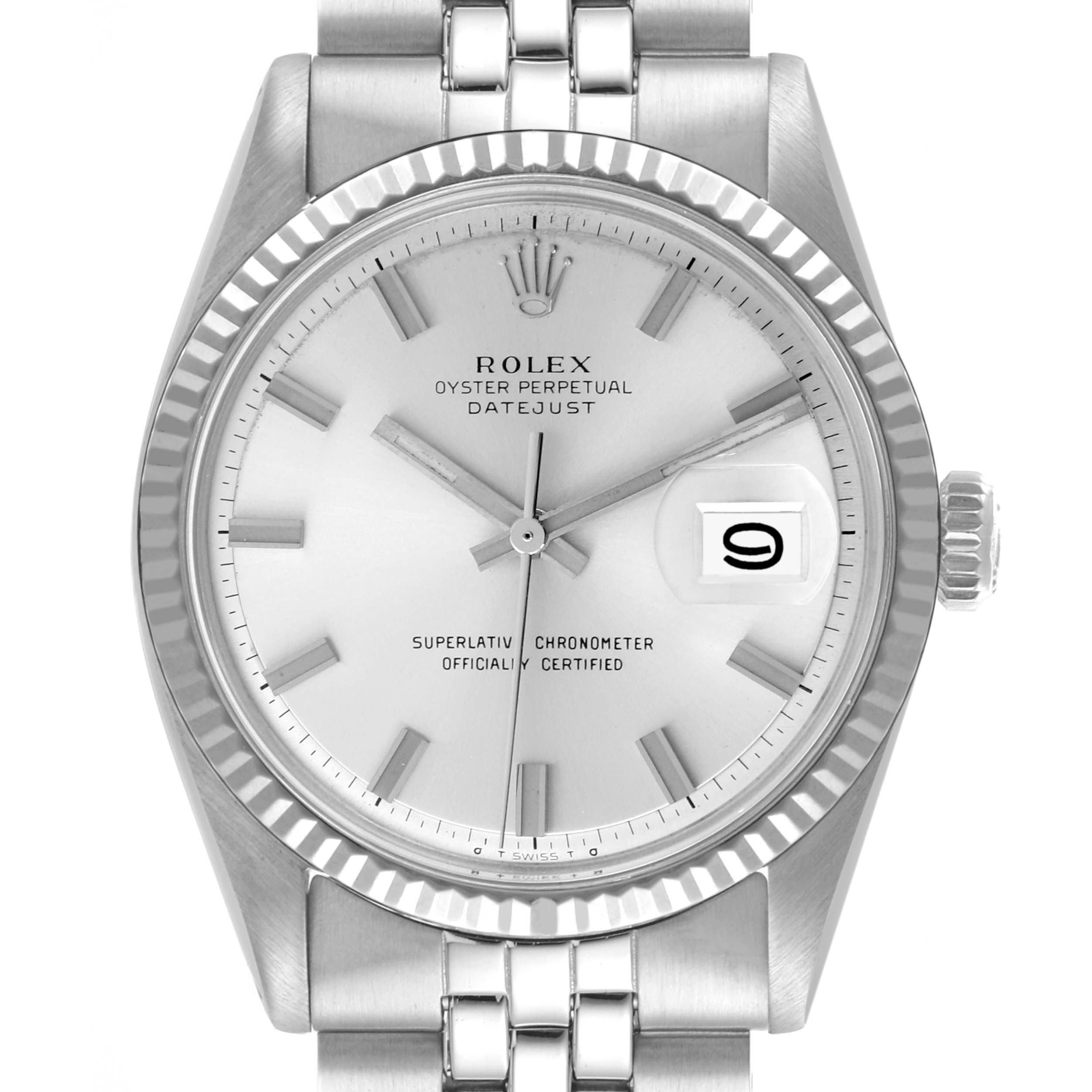 The Rolex Vintage Collection 1601 Men's Stainless Steel Silver Dial 1601 Men's Stainless Steel Silver Dial model watch is shown from the front, displaying its dial, bezel, crown, and part of the bracelet.