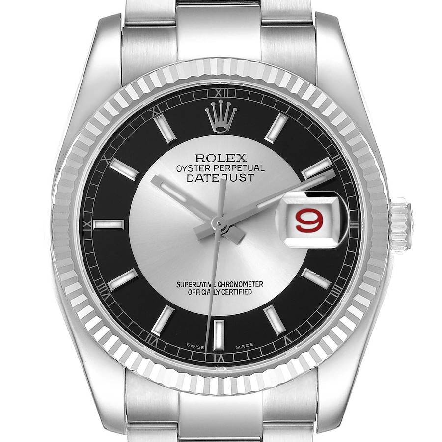 The Rolex Datejust watch is shown from a frontal angle, highlighting its bezel, dial, hands, and date window.