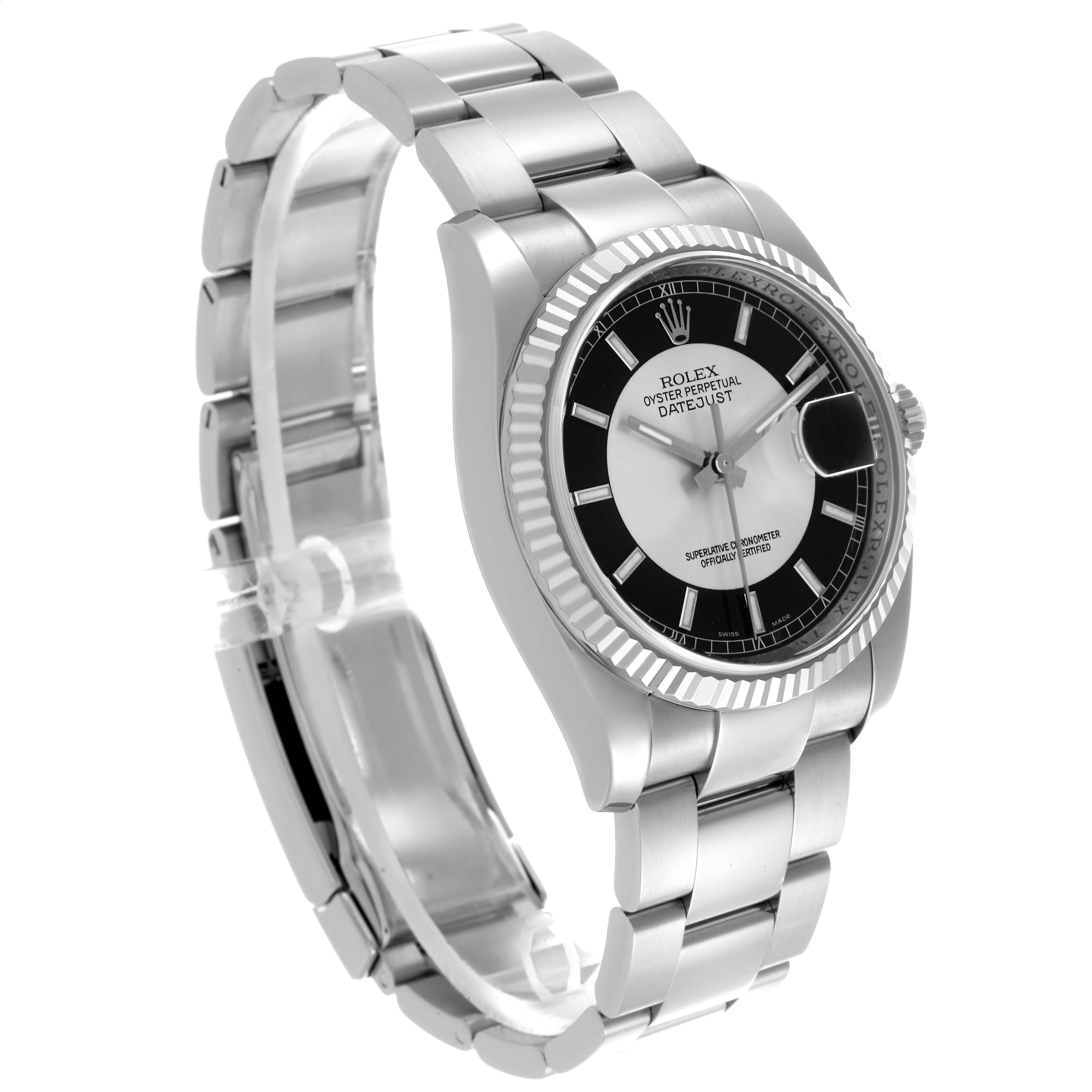 The Rolex Datejust 116234 Men
s Stainless Steel Black Dial 116234 Men
s Stainless Steel Black Dial watch is shown at a slight angle, highlighting the face, bezel, and bracelet.