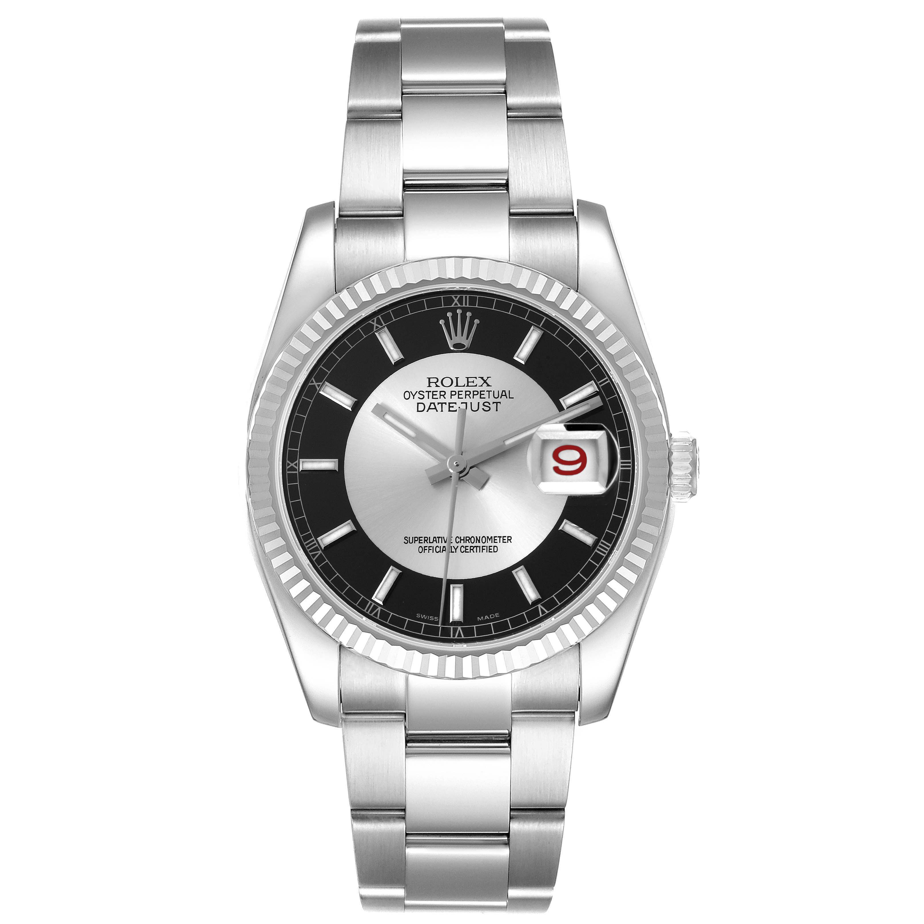 The Rolex Datejust 116234 Men
s Stainless Steel Black Dial 116234 Men
s Stainless Steel Black Dial watch is shown from a front angle, highlighting the bezel, dial, bracelet, and crown.