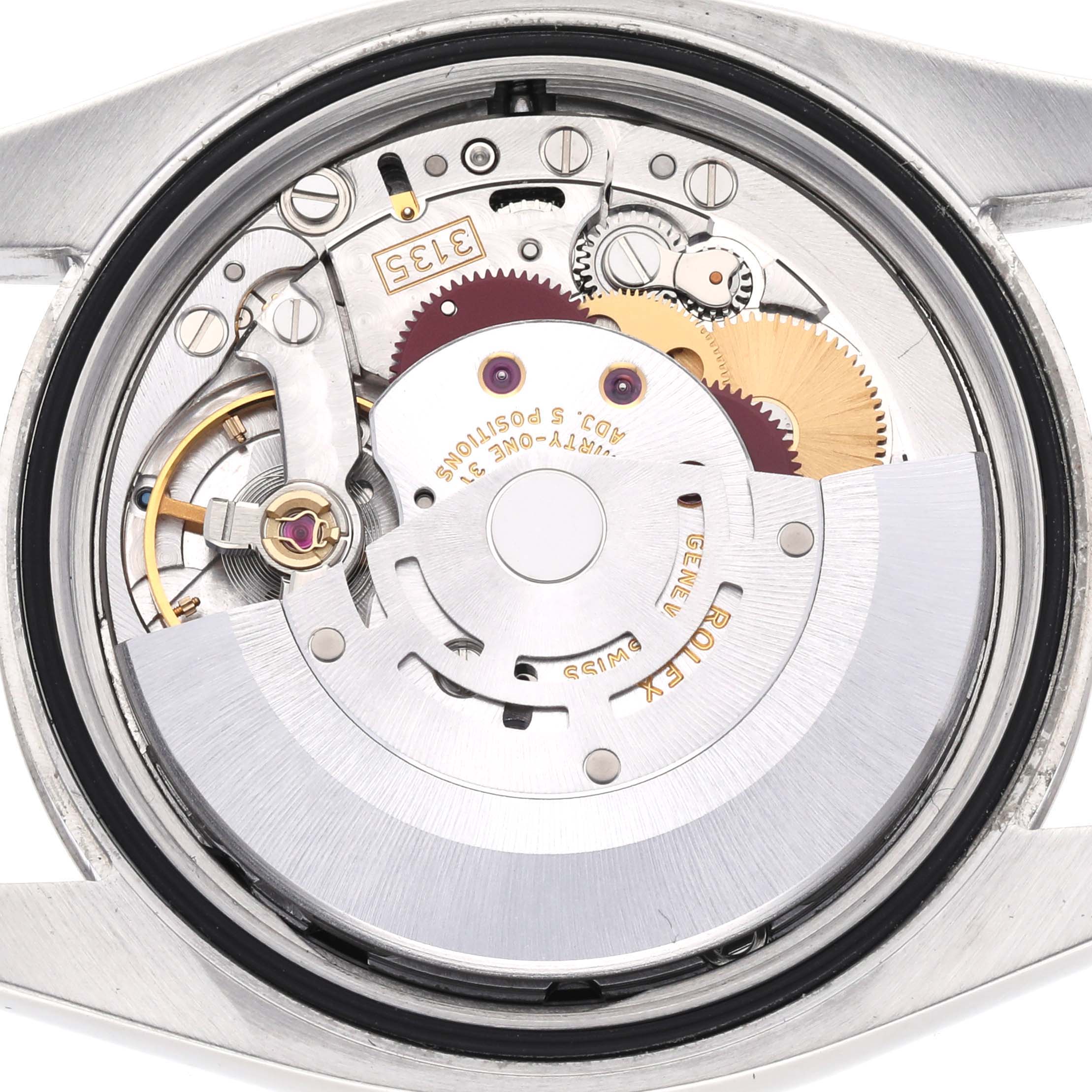 The image shows the inner mechanical movement of a Rolex Datejust 116234 Men
s Stainless Steel Black Dial 116234 Men
s Stainless Steel Black Dial watch from a top-down angle.