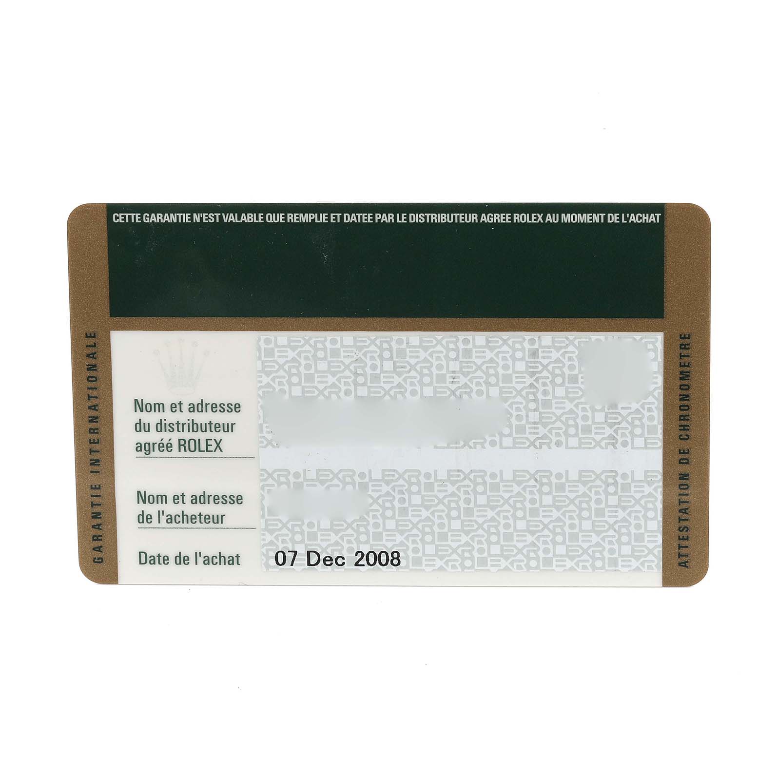 This image shows a warranty card for a Rolex Datejust 116234 Men
s Stainless Steel Black Dial 116234 Men
s Stainless Steel Black Dial watch, featuring brand details and purchase date.