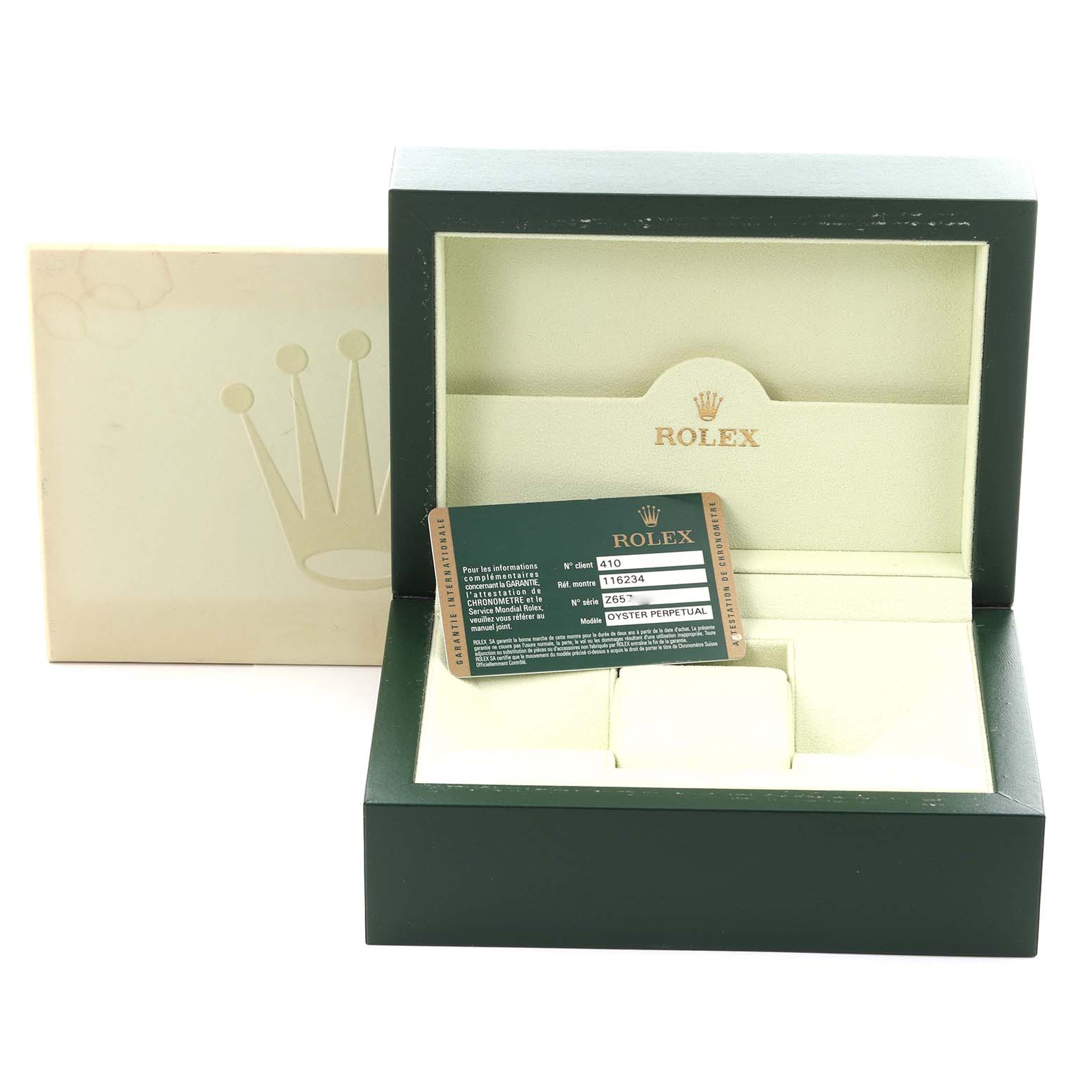 The image shows the packaging and certification card for a Rolex Datejust 116234 Men
s Stainless Steel Black Dial 116234 Men
s Stainless Steel Black Dial watch, without the watch itself.