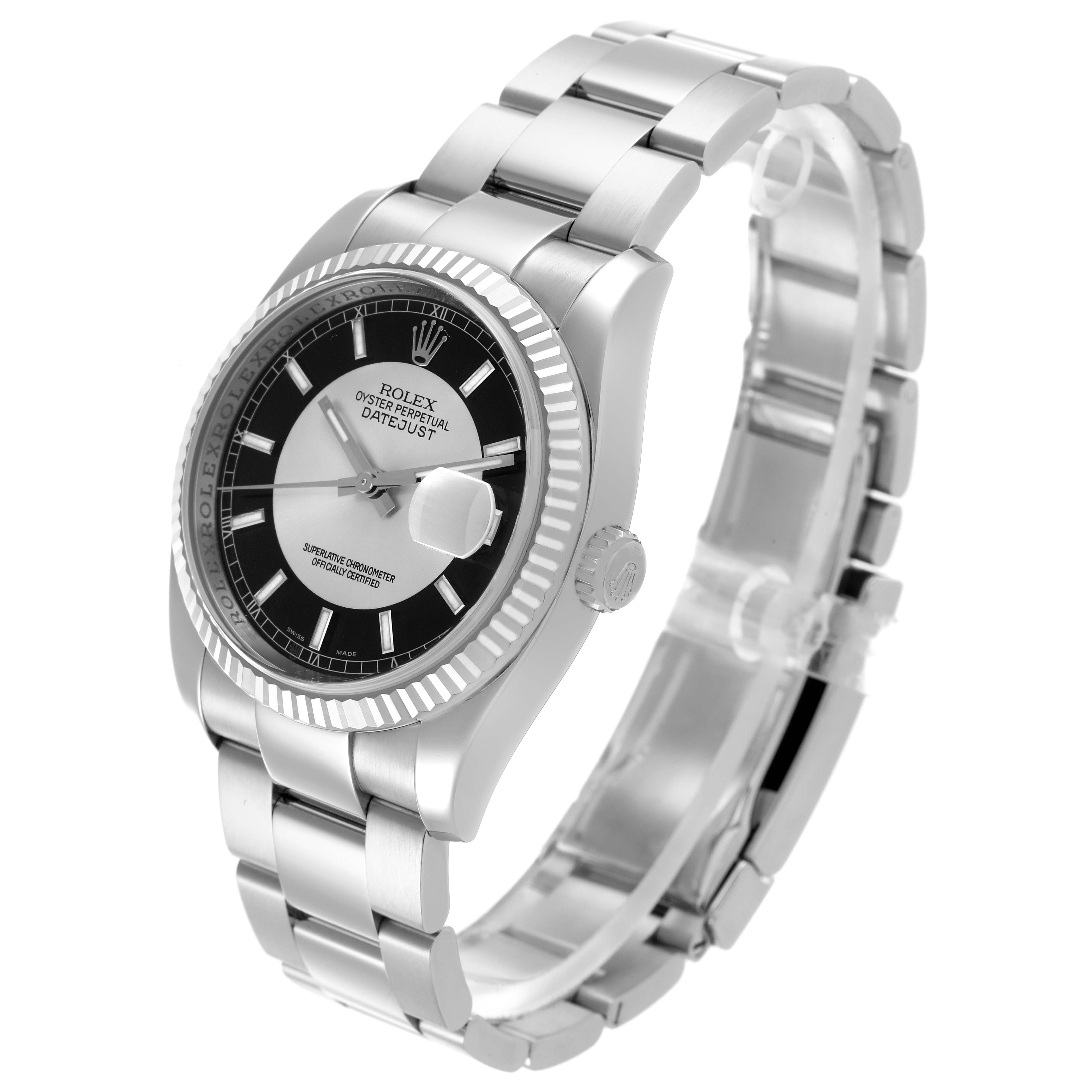 The Rolex Datejust 116234 Men
s Stainless Steel Black Dial 116234 Men
s Stainless Steel Black Dial watch is shown at a slight angle, displaying the face, bezel, case, and part of the bracelet.