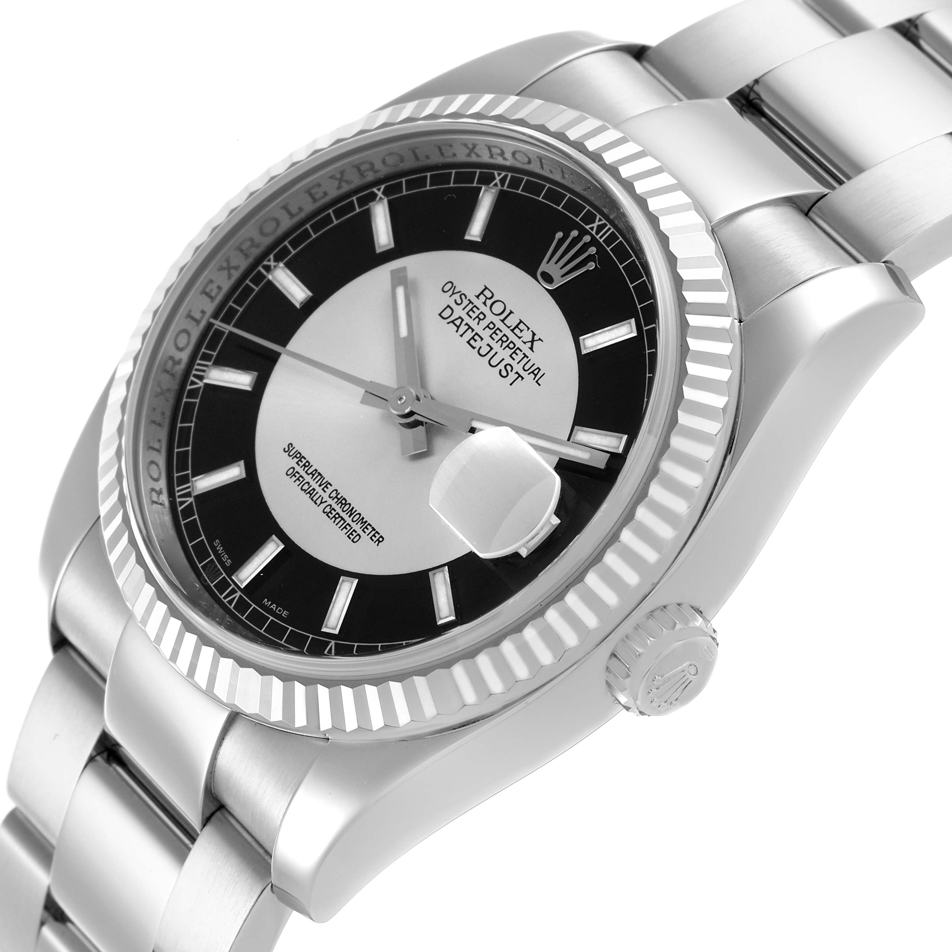 The Rolex Datejust 116234 Men
s Stainless Steel Black Dial 116234 Men
s Stainless Steel Black Dial watch is shown at an angle highlighting the face, bezel, and part of the bracelet.