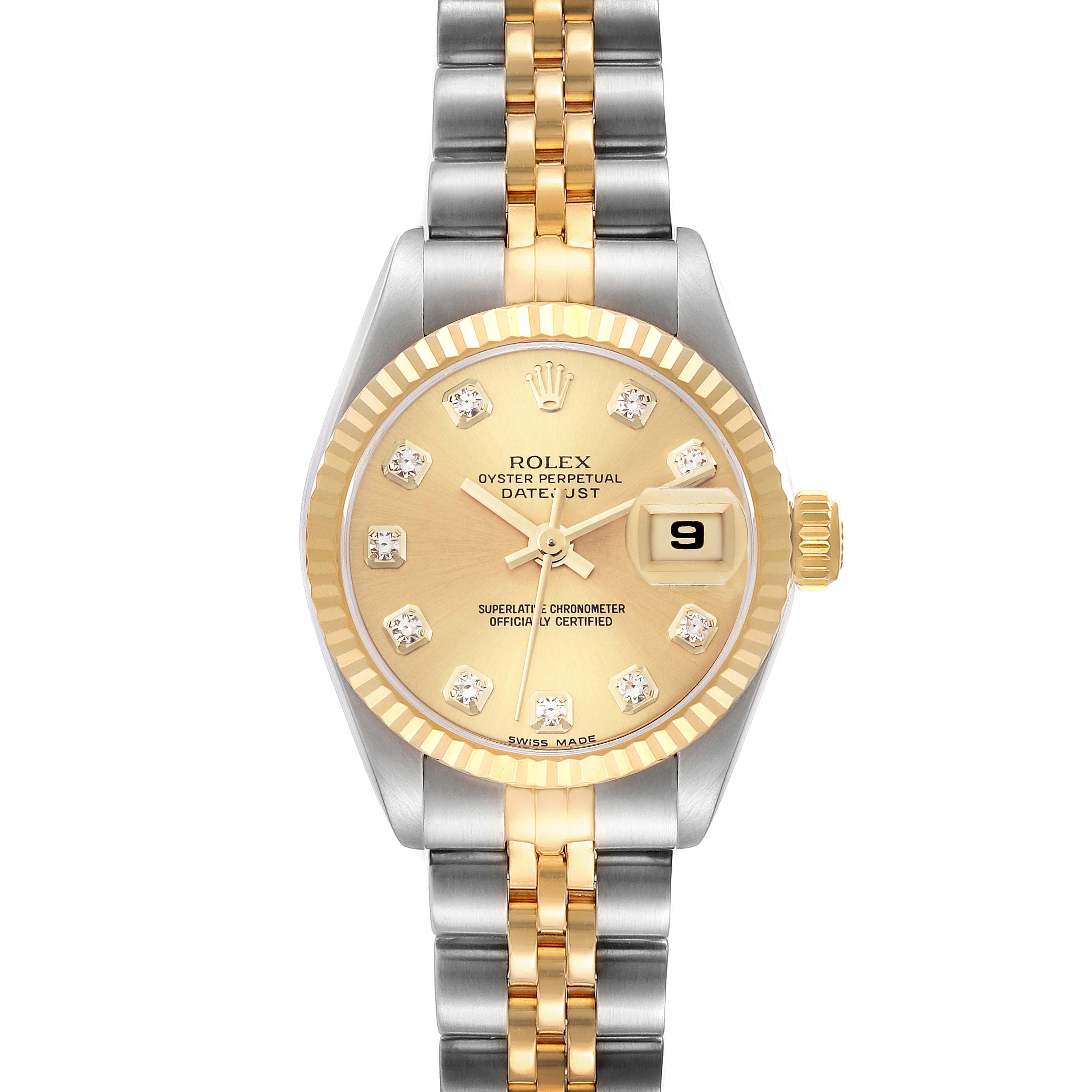 The image shows a front view of the Rolex Datejust 69173 Women's Stainless Steel Champagne Dial 69173 Women's Stainless Steel Champagne Dial model watch with its two-tone bracelet and gold dial.