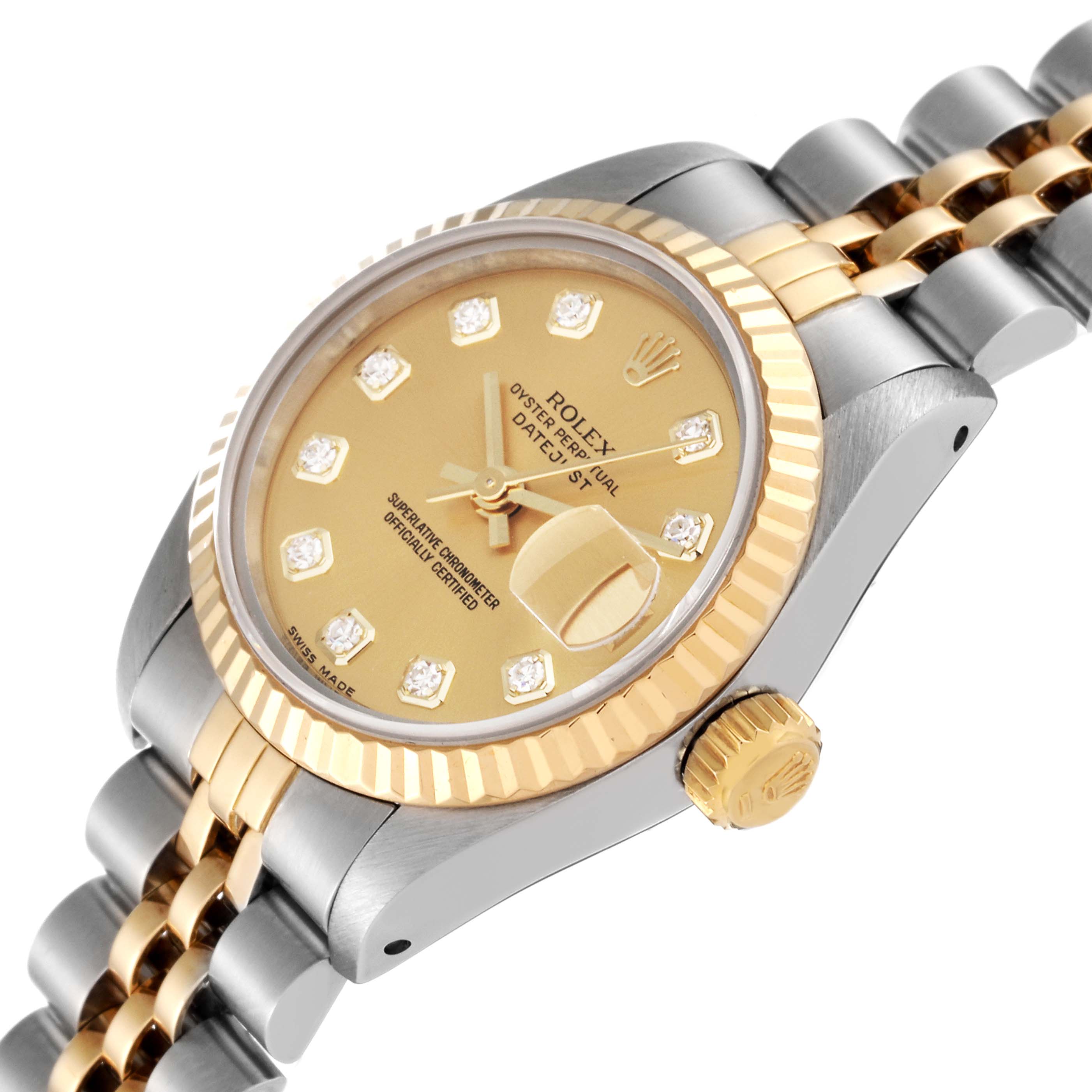 The image shows a close-up at an angle of the Rolex Datejust 69173 Women's Stainless Steel Champagne Dial 69173 Women's Stainless Steel Champagne Dial watch, featuring its dial, crown, and two-tone bracelet.