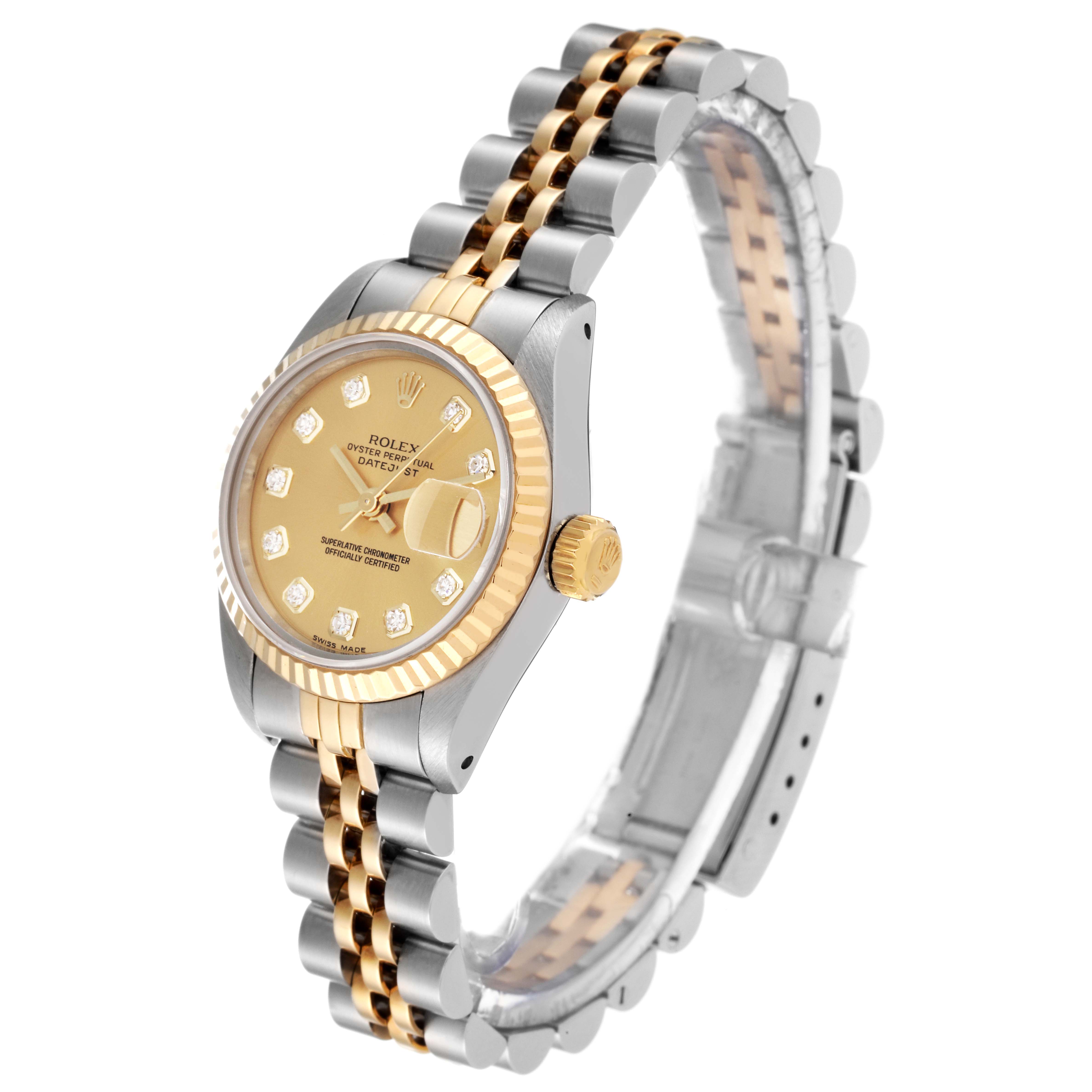 The Rolex Datejust 69173 Women's Stainless Steel Champagne Dial 69173 Women's Stainless Steel Champagne Dial watch is shown at a slight angle, displaying its gold dial, bezel, crown, and two-tone bracelet.