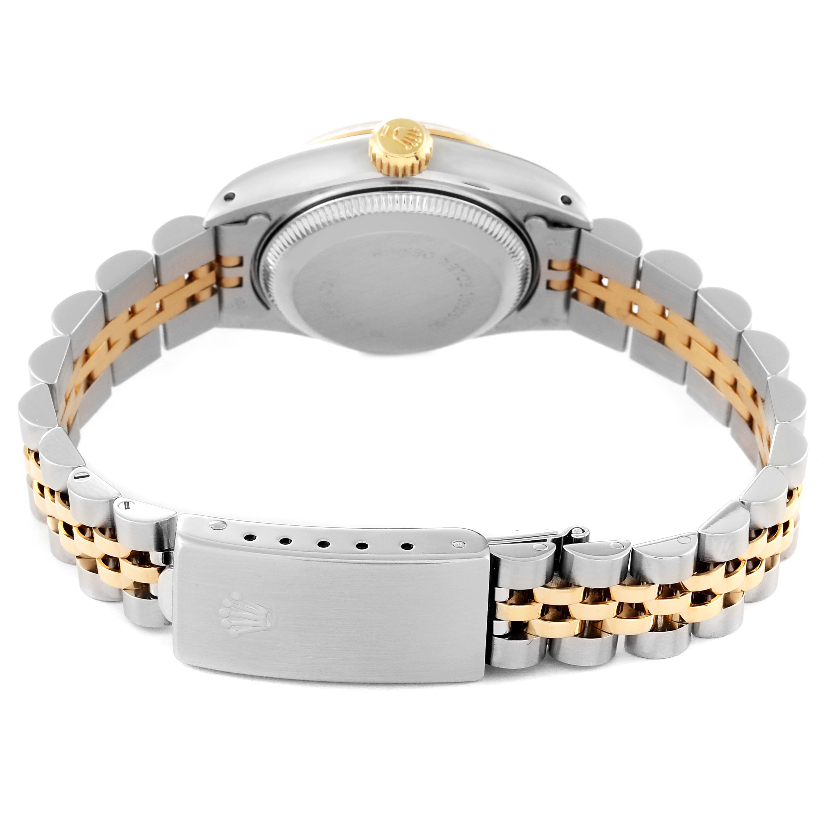 This image shows the back view of a Rolex Datejust 69173 Women's Stainless Steel Champagne Dial 69173 Women's Stainless Steel Champagne Dial watch, focusing on the case back, bracelet, and clasp.