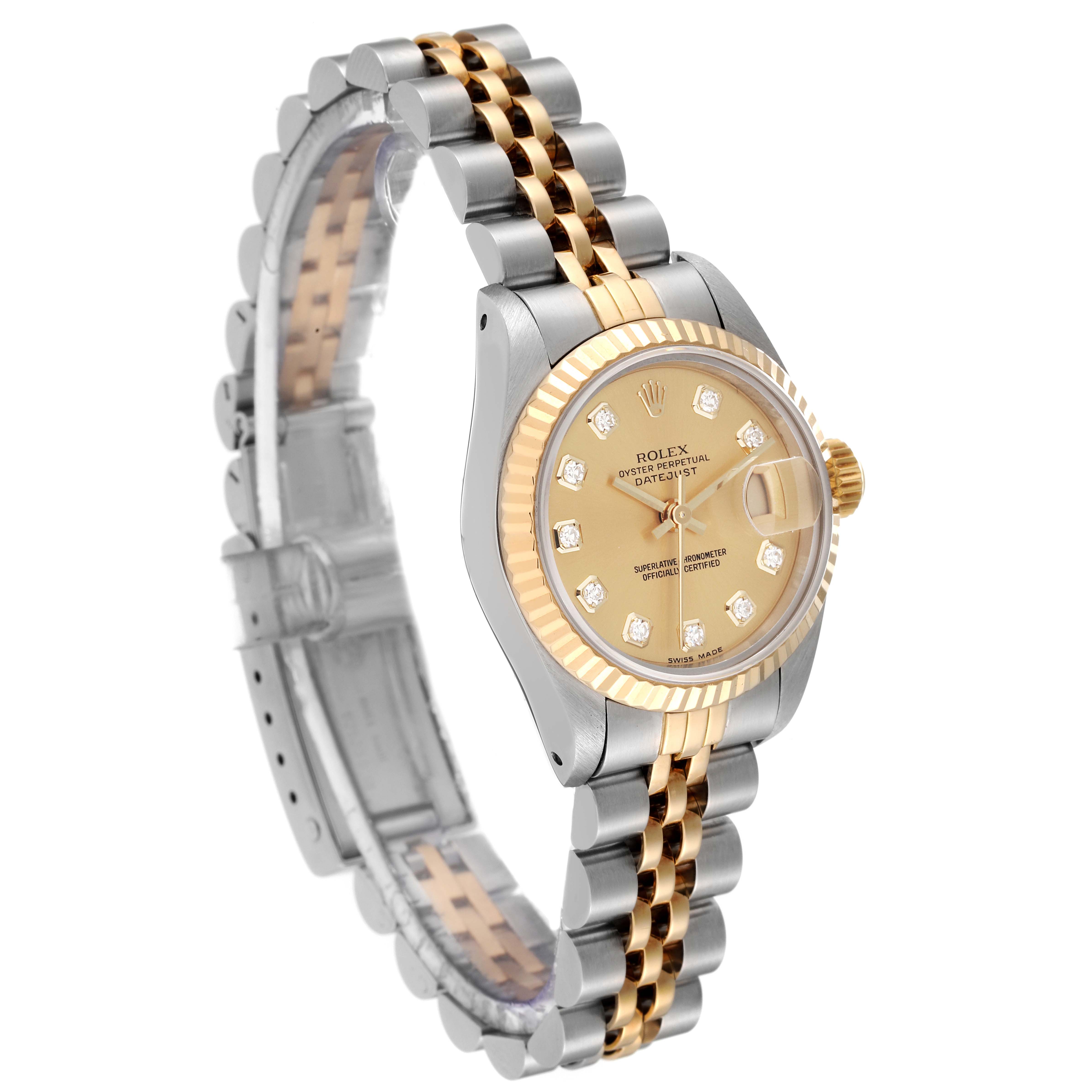 The image shows a side angle of a Rolex Datejust 69173 Women's Stainless Steel Champagne Dial 69173 Women's Stainless Steel Champagne Dial watch, highlighting its dial, bezel, and two-tone bracelet.
