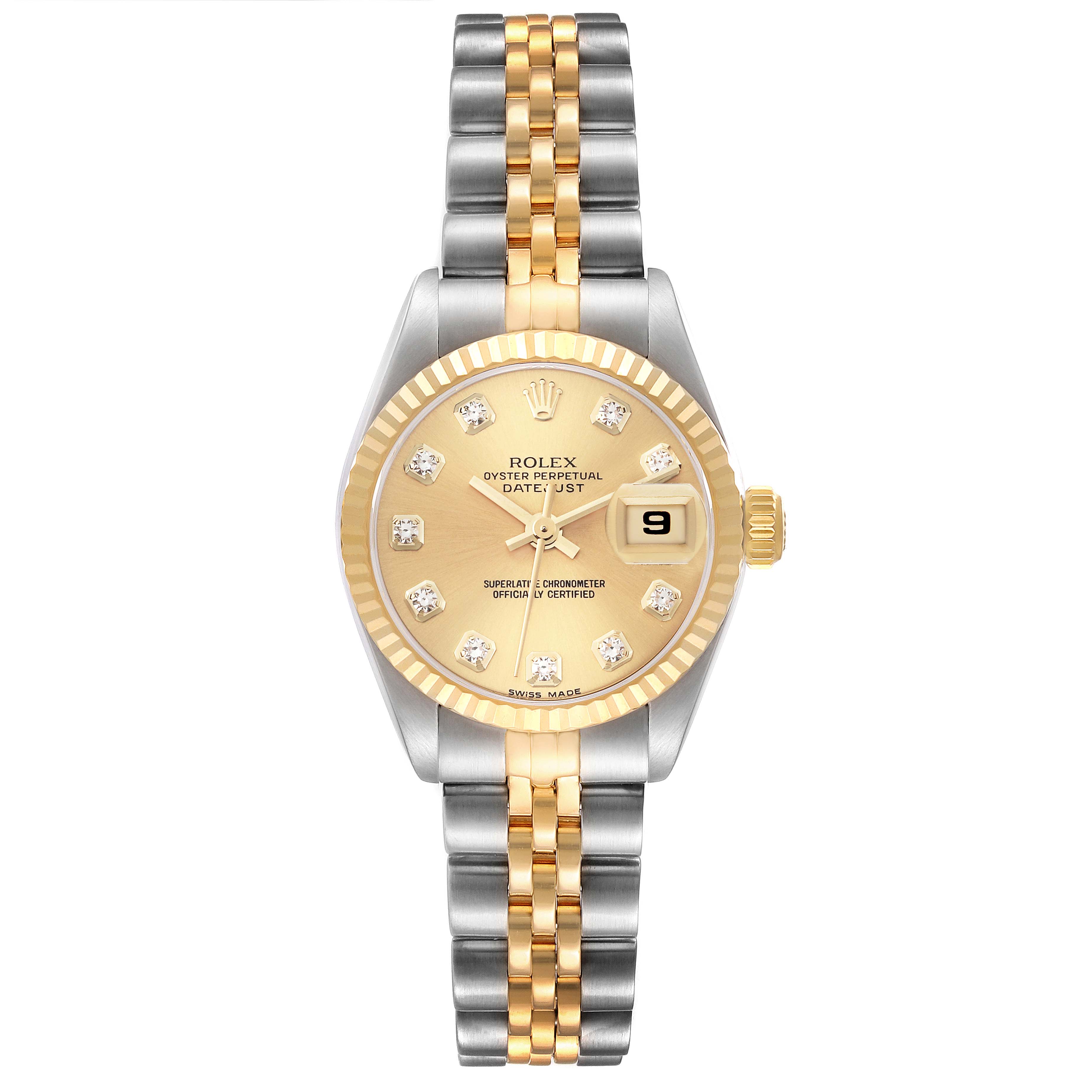 This is a front view of a Rolex Datejust 69173 Women's Stainless Steel Champagne Dial 69173 Women's Stainless Steel Champagne Dial watch showcasing its dual-tone bracelet, gold dial, and fluted bezel.