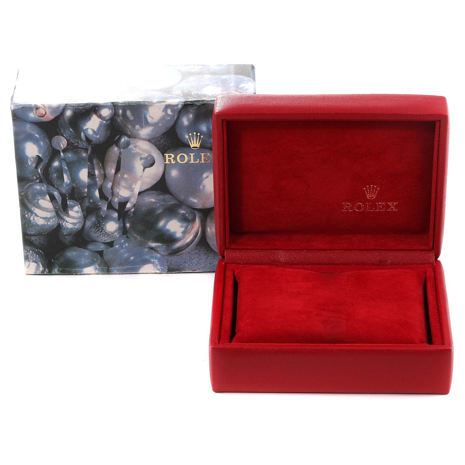 This image shows an empty red Rolex Datejust 69173 Women's Stainless Steel Champagne Dial 69173 Women's Stainless Steel Champagne Dial watch box with an open lid and its decorative outer packaging.