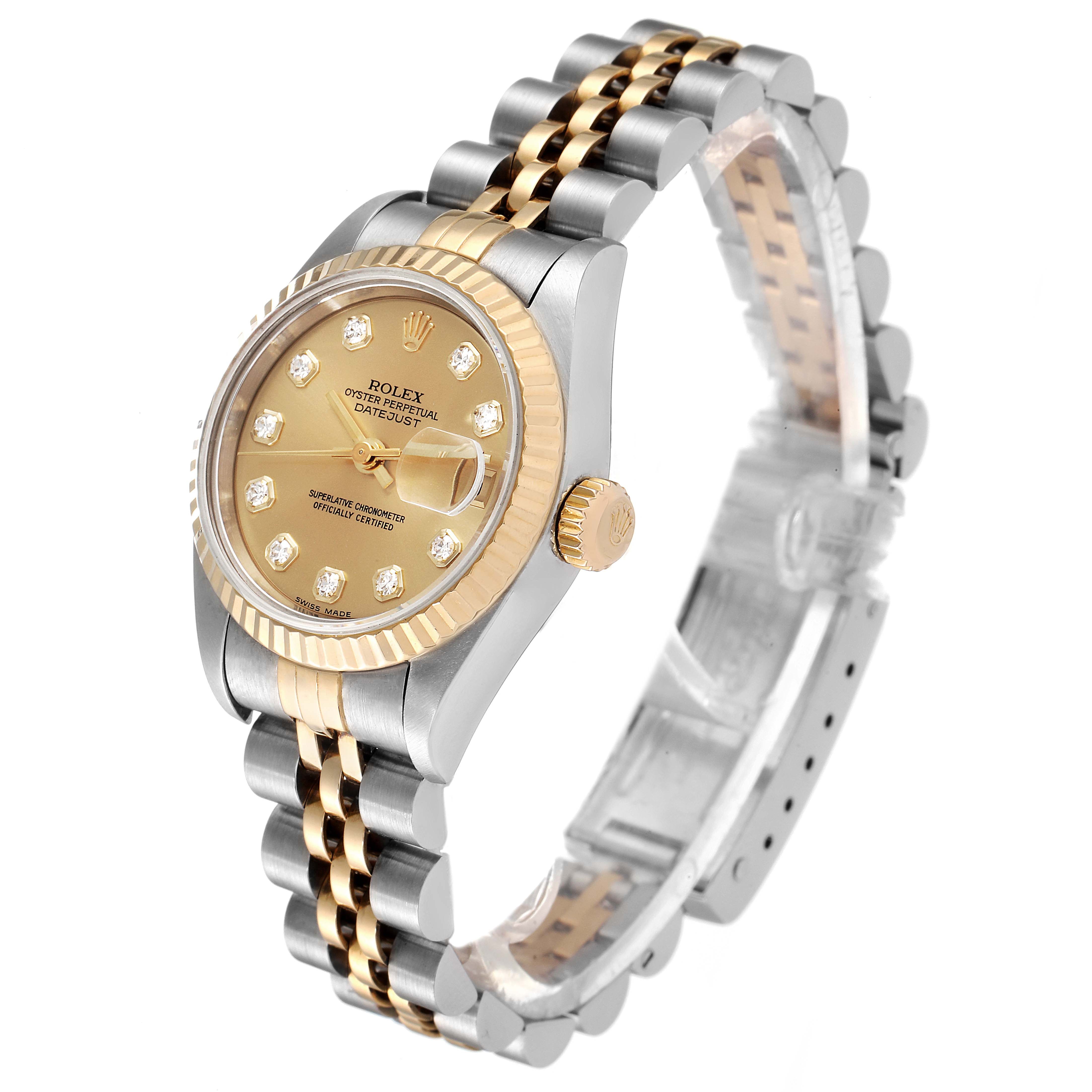 This Rolex Datejust 79173 Women's Steel and Gold (two tone) Champagne Dial 79173 Women's Steel and Gold (two tone) Champagne Dial watch is shown at a three-quarter angle, displaying the face, bezel, crown, and Jubilee bracelet.