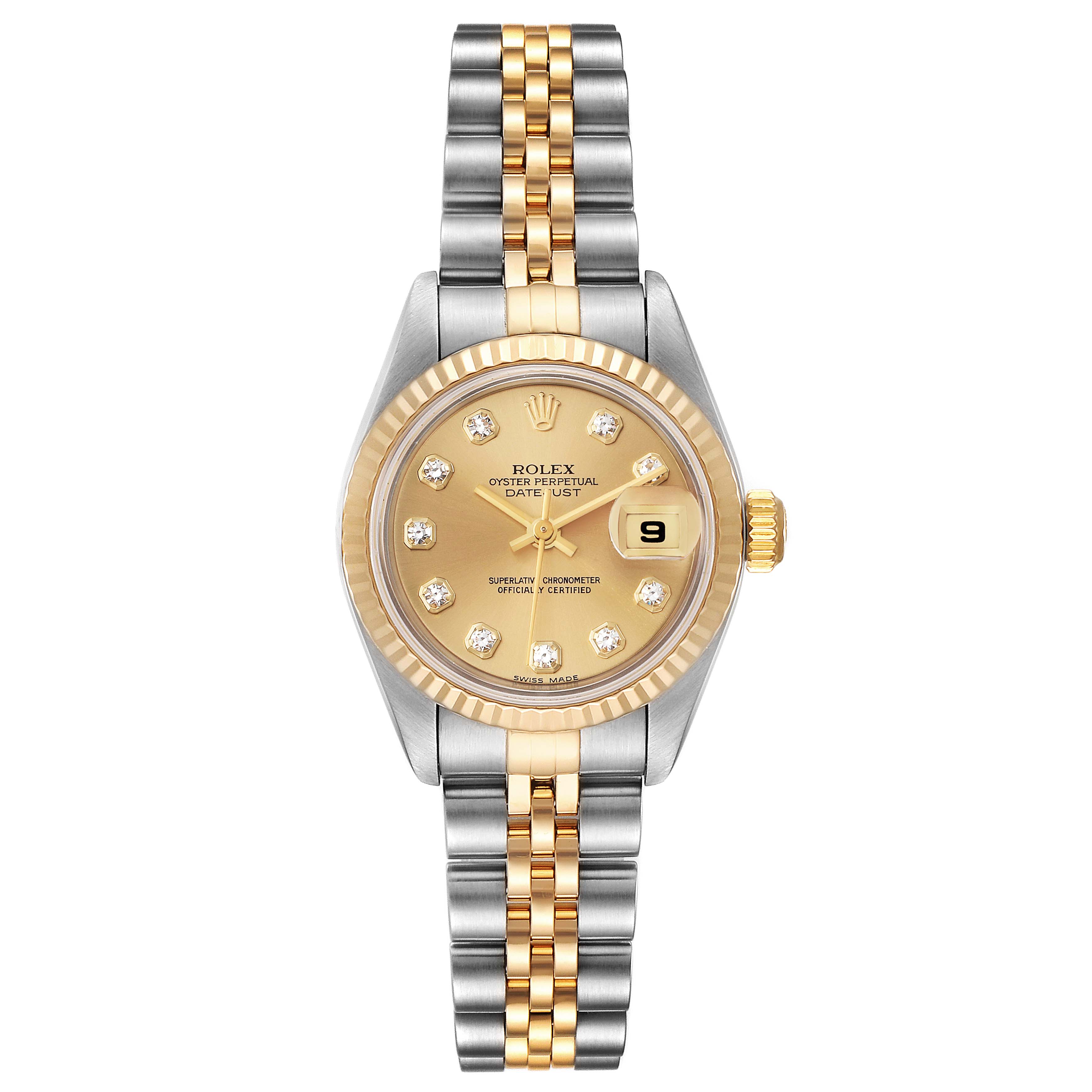 This Rolex Datejust 79173 Women's Steel and Gold (two tone) Champagne Dial 79173 Women's Steel and Gold (two tone) Champagne Dial watch is shown from a top-down angle, highlighting the dial, bezel, and full bracelet.