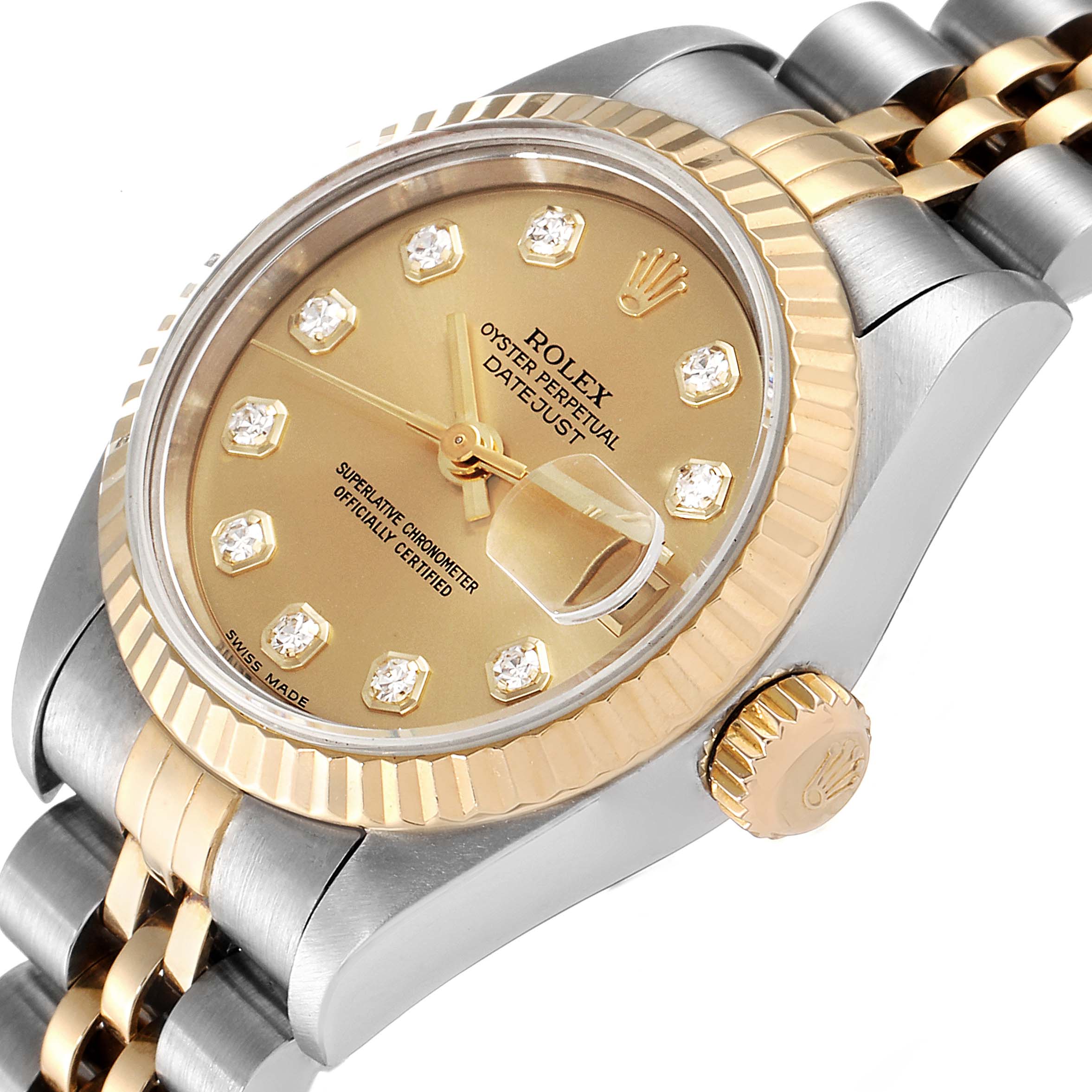 The image shows a close-up view of the Rolex Datejust 79173 Women's Steel and Gold (two tone) Champagne Dial 79173 Women's Steel and Gold (two tone) Champagne Dial watch, highlighting the dial, bezel, crown, and part of the bracelet.