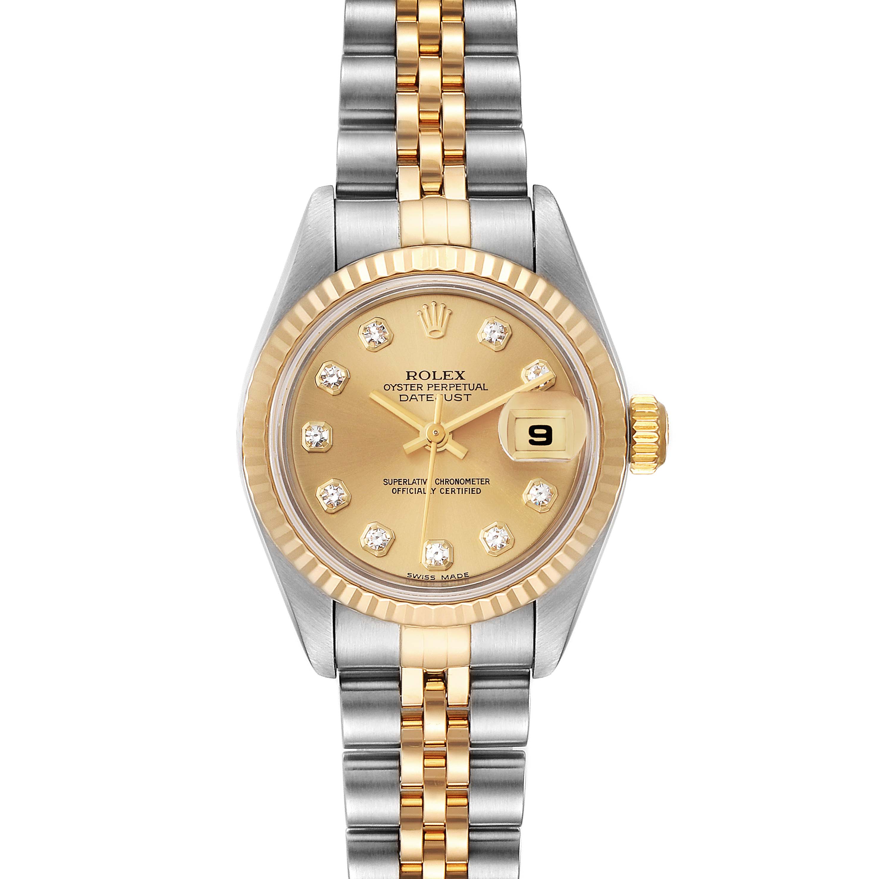 This image shows a front view of the Rolex Datejust 79173 Women's Steel and Gold (two tone) Champagne Dial 79173 Women's Steel and Gold (two tone) Champagne Dial watch, highlighting its dial, bezel, and bracelet.