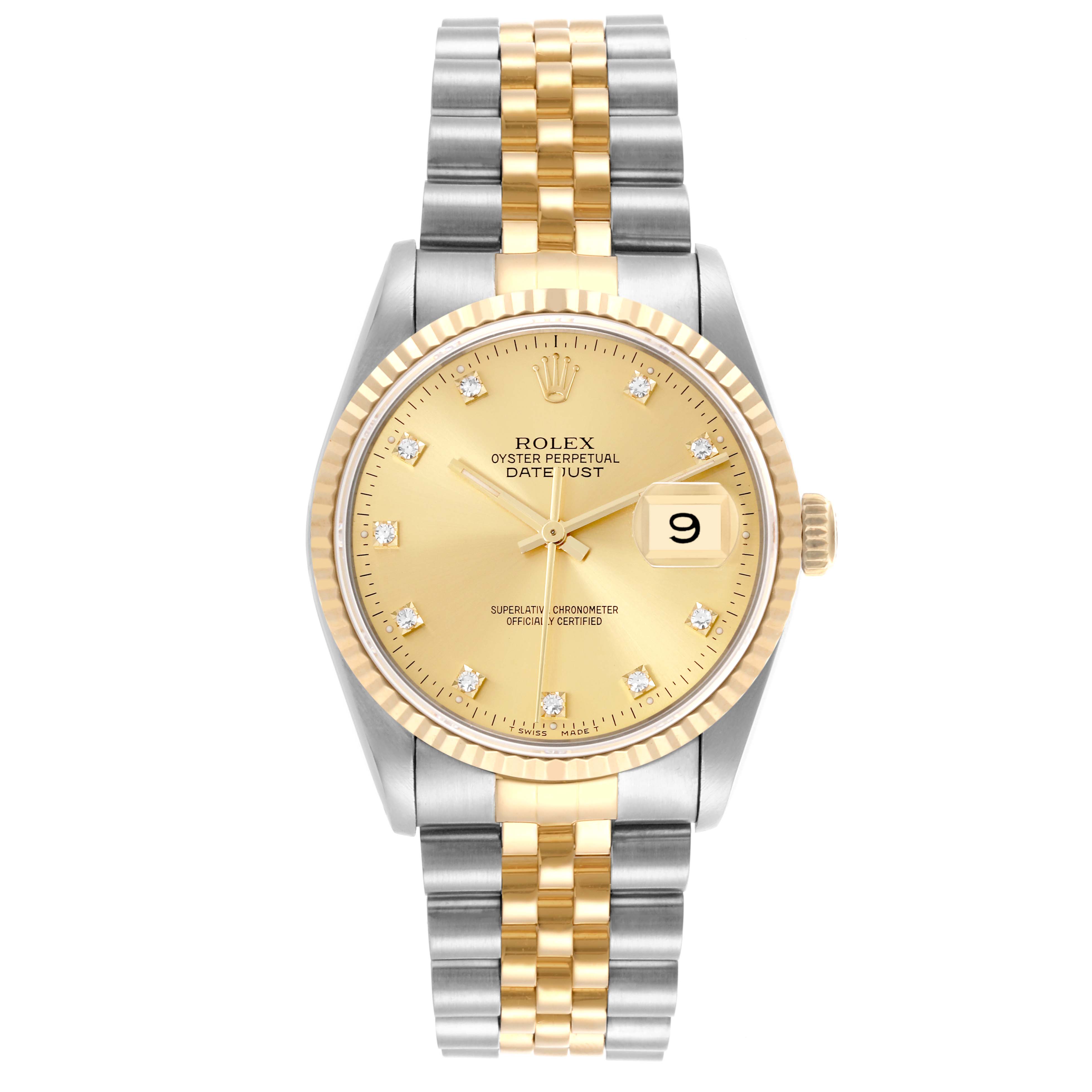 The Rolex Datejust 16233 Men's Steel and Gold (two tone) Champagne Dial 16233 Men's Steel and Gold (two tone) Champagne Dial watch is shown from a front angle, displaying the face, bezel, crown, and bracelet.