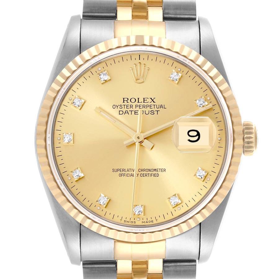 The Rolex Datejust watch is shown from the front, highlighting the gold dial, fluted bezel, and two-tone bracelet.