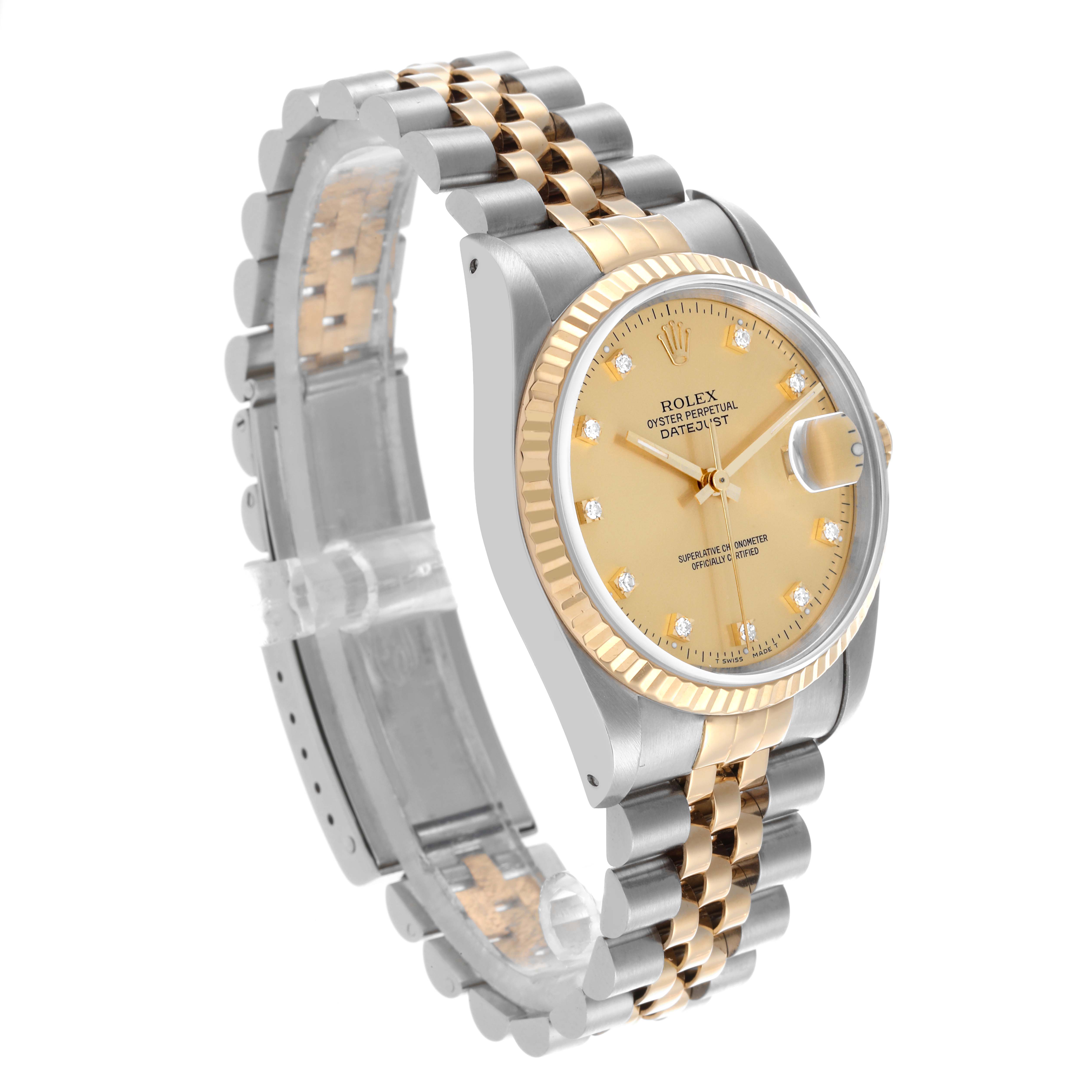 The Rolex Datejust 16233 Men's Steel and Gold (two tone) Champagne Dial 16233 Men's Steel and Gold (two tone) Champagne Dial watch is shown at a three-quarter angle, highlighting its two-tone bracelet and gold fluted bezel.