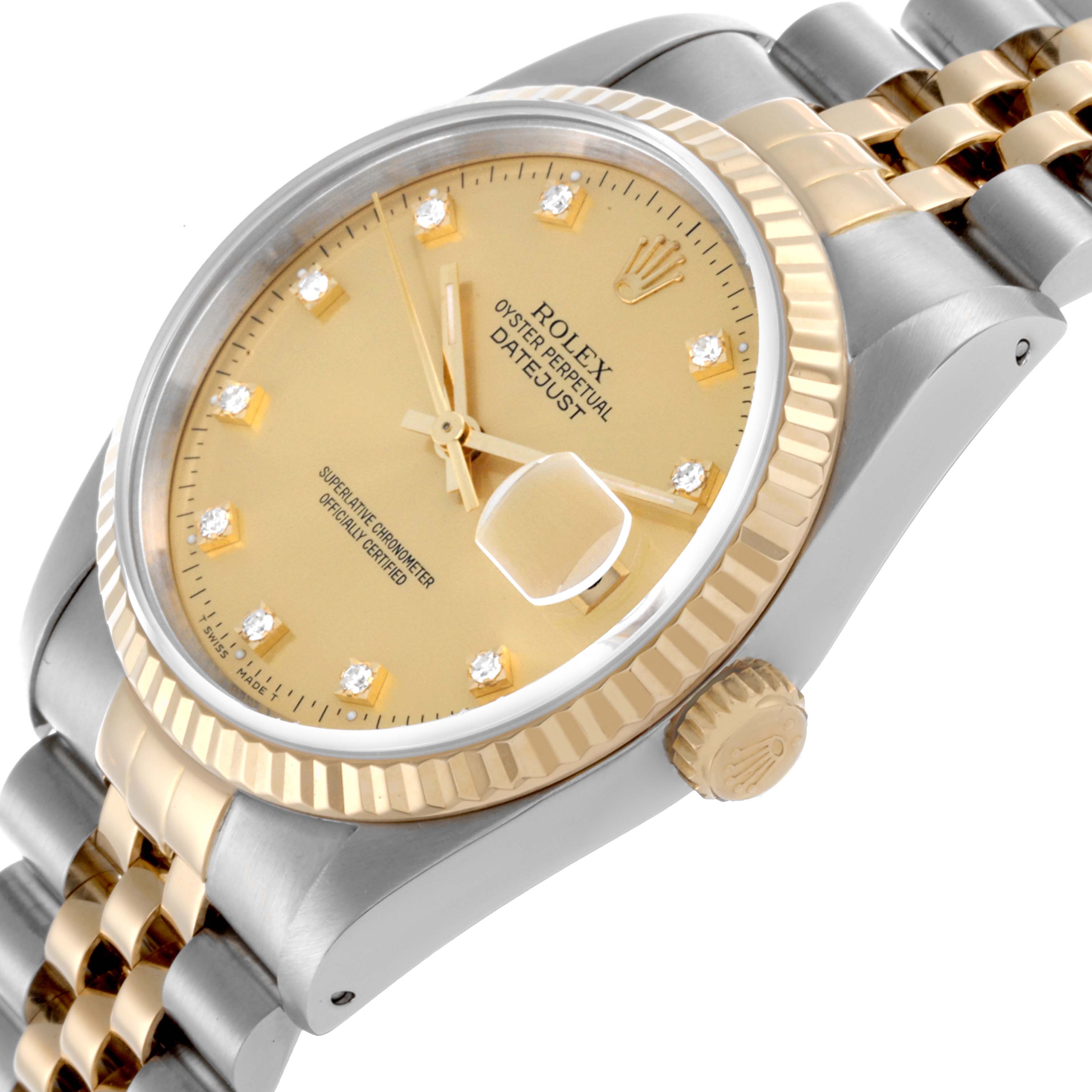 The Rolex Datejust 16233 Men's Steel and Gold (two tone) Champagne Dial 16233 Men's Steel and Gold (two tone) Champagne Dial is shown at an angle displaying the gold dial, fluted bezel, and two-tone bracelet.
