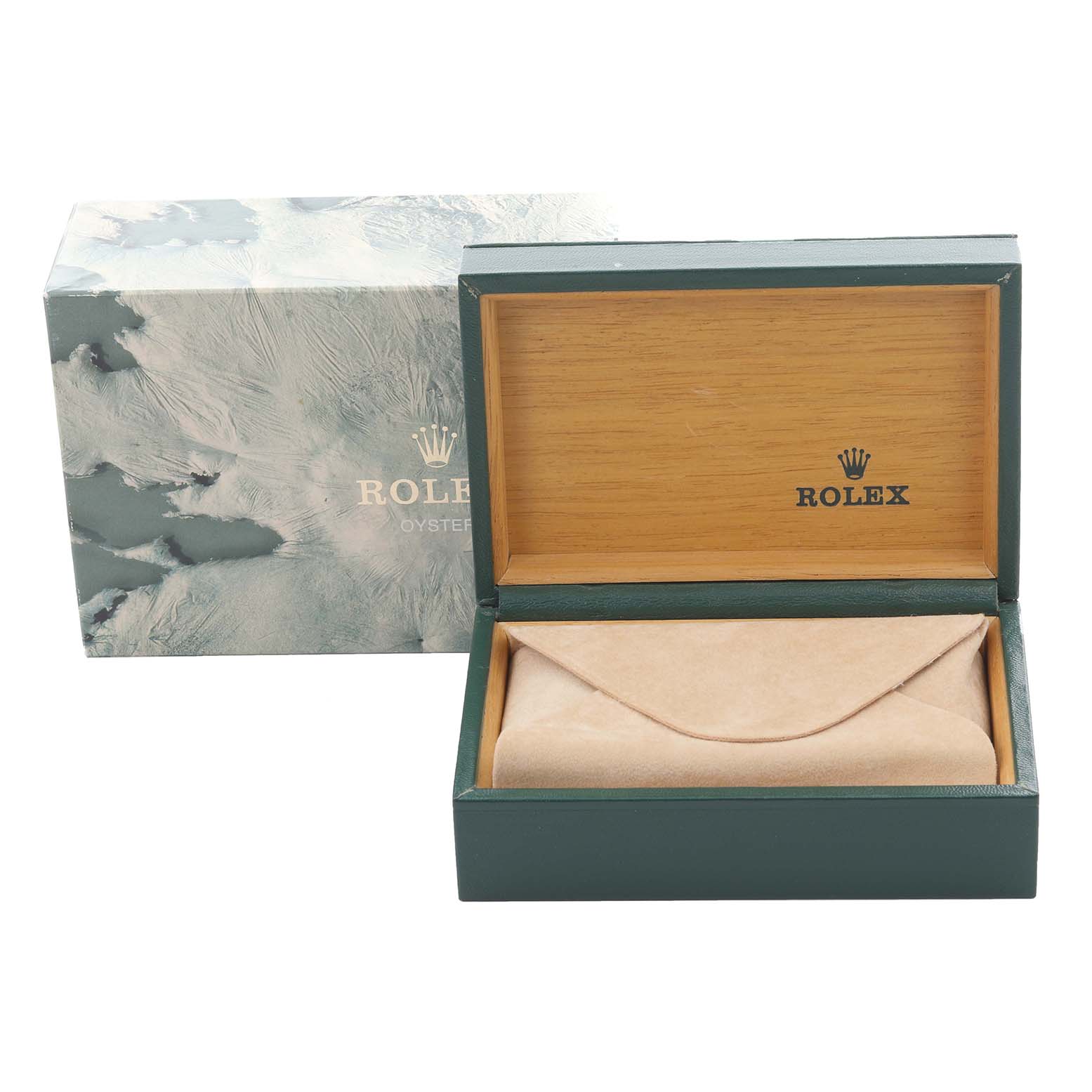 The image shows a Rolex Datejust 16233 Men's Steel and Gold (two tone) Champagne Dial 16233 Men's Steel and Gold (two tone) Champagne Dial watch box from the front, featuring the outer and inner packaging.