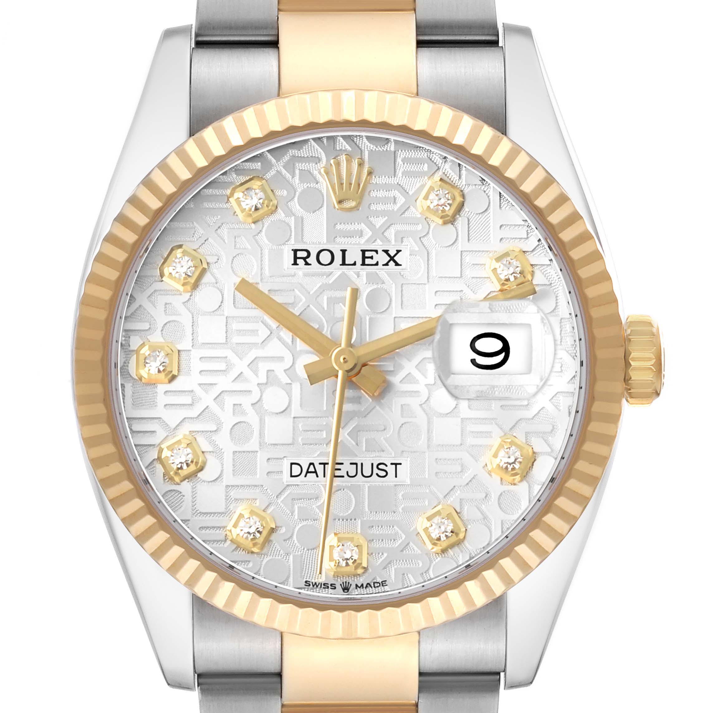 The Rolex Datejust 126233 Men's Steel and Gold (two tone) Silver Dial watch is shown from a front angle, highlighting the dial, hands, bezel, crown, and part of the bracelet.