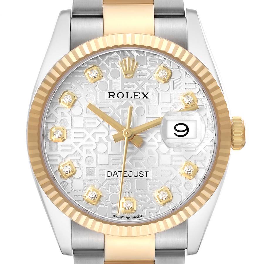 The Rolex Datejust 126233 Men's Steel and Gold (two tone) Silver Dial watch is shown from a front angle, highlighting the dial, hands, bezel, crown, and part of the bracelet.
