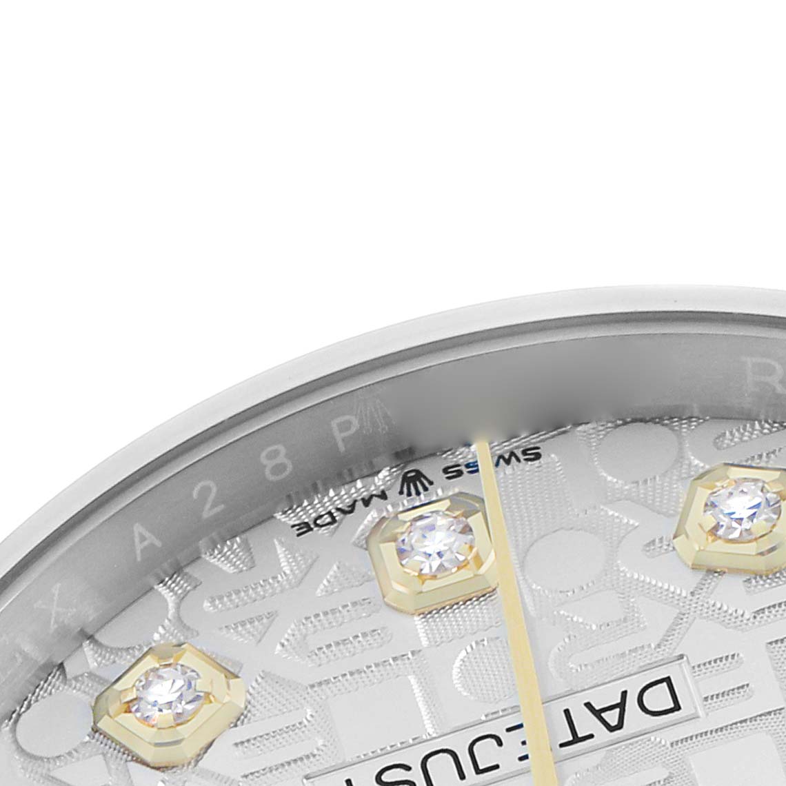 The image shows a close-up of the Rolex Datejust 126233 Men's Steel and Gold (two tone) Silver Dial dial, focusing on diamond markers and partial branding detail.