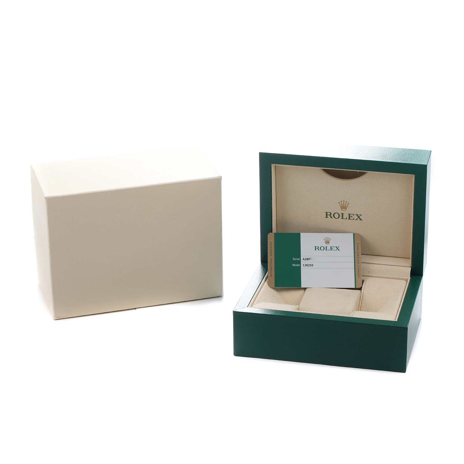 The image shows the packaging and authenticity card for a Rolex Datejust 126233 Men's Steel and Gold (two tone) Silver Dial, with an open green and beige box.