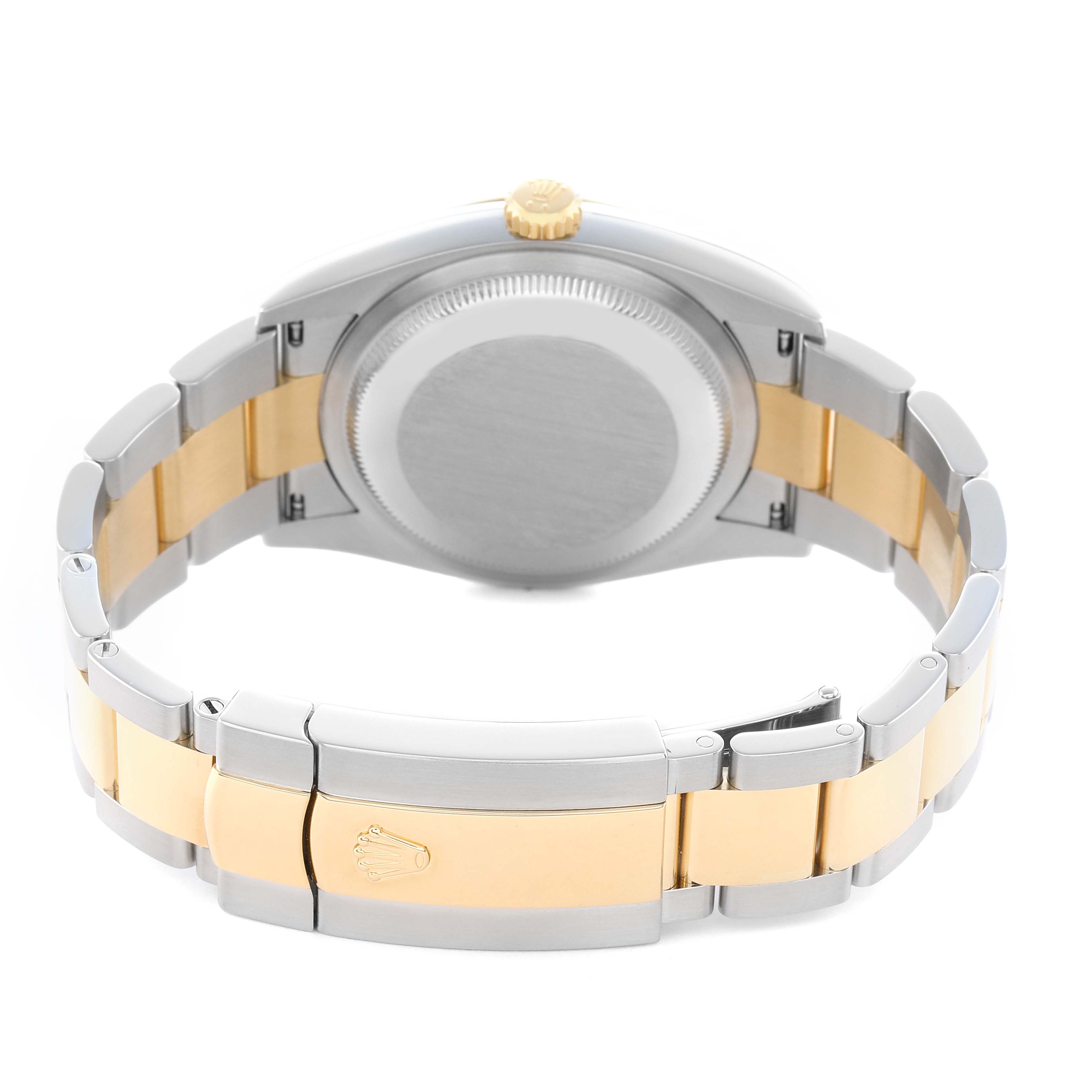 The Rolex Datejust 126233 Men's Steel and Gold (two tone) Silver Dial watch is shown from the back, highlighting the case, crown, and two-tone bracelet with the clasp visible.