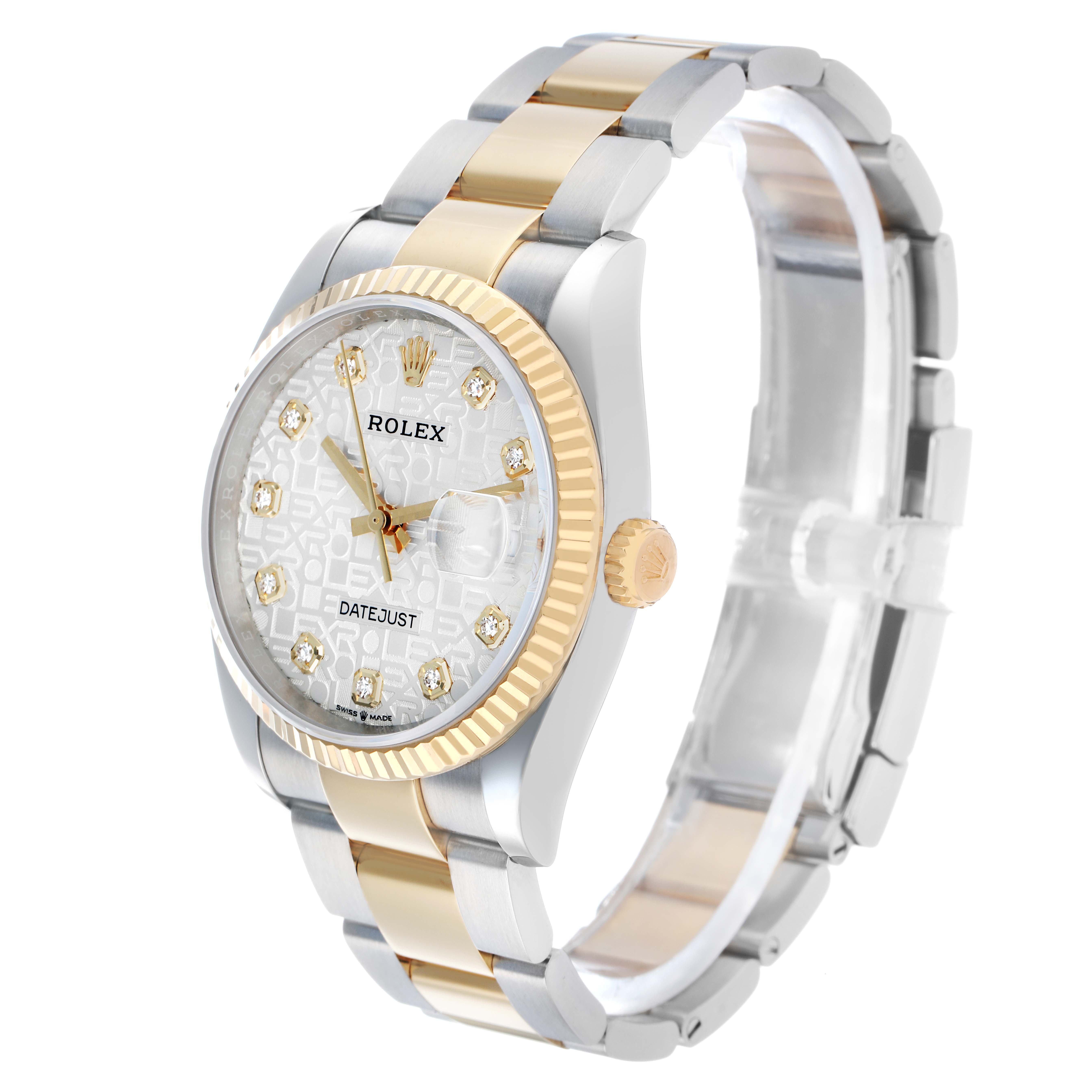 The Rolex Datejust 126233 Men's Steel and Gold (two tone) Silver Dial watch is shown at a three-quarter angle, highlighting the dial, bezel, and two-tone bracelet.