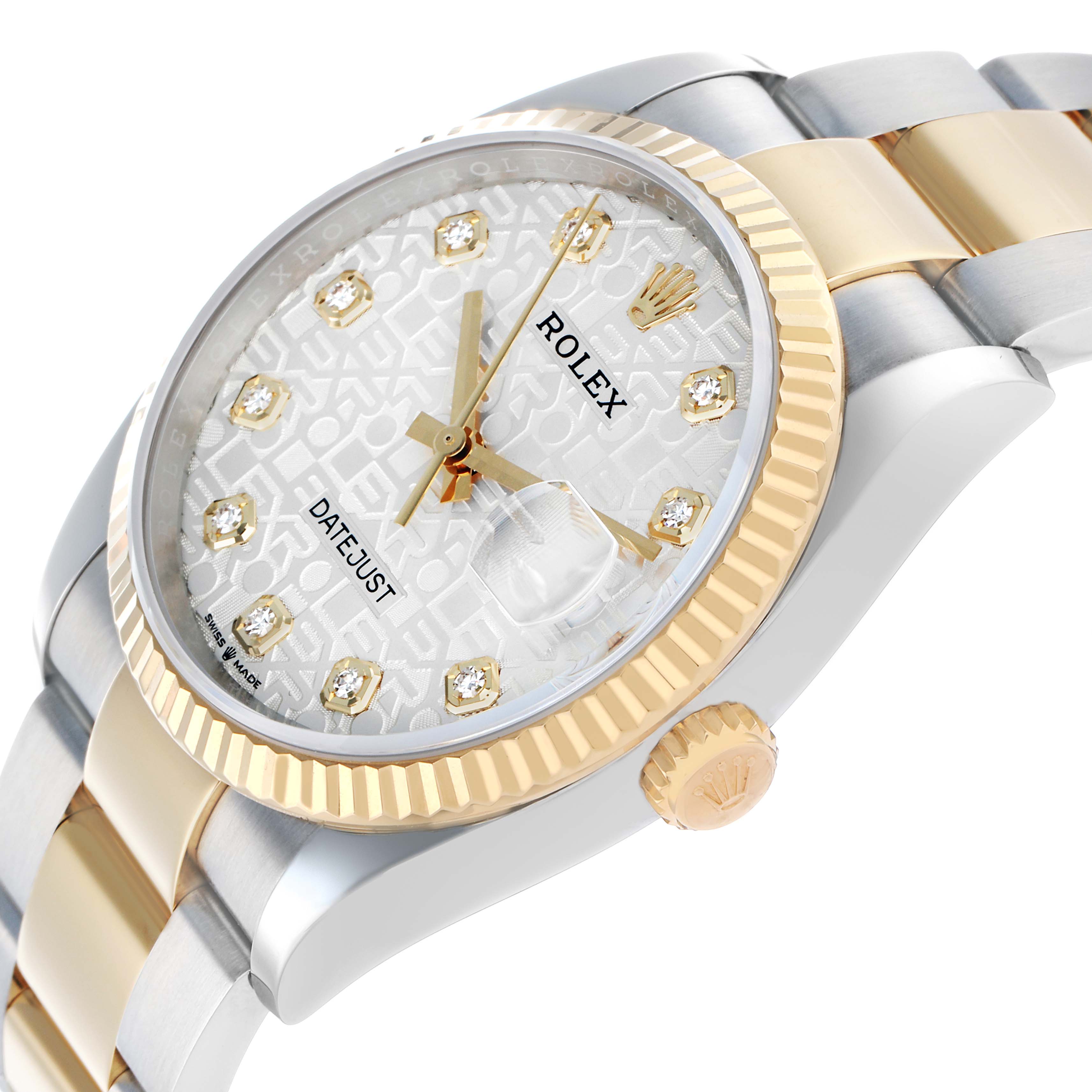 The Rolex Datejust 126233 Men's Steel and Gold (two tone) Silver Dial watch is shown at an angled side view, highlighting the dial, bezel, crown, and part of the bracelet.