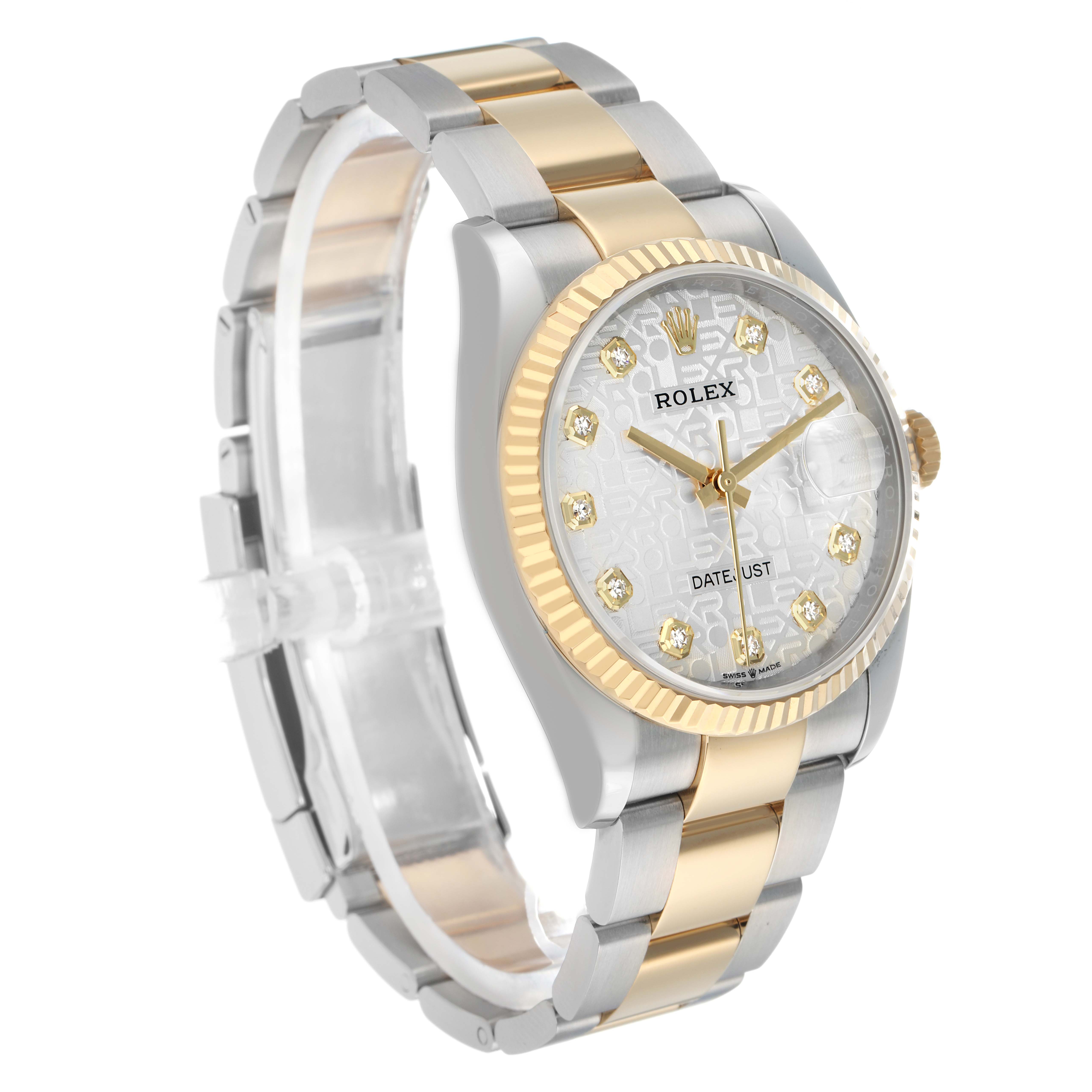 The Rolex Datejust 126233 Men's Steel and Gold (two tone) Silver Dial watch is shown at a three-quarter angle, displaying the face, bezel, crown, and bracelet.