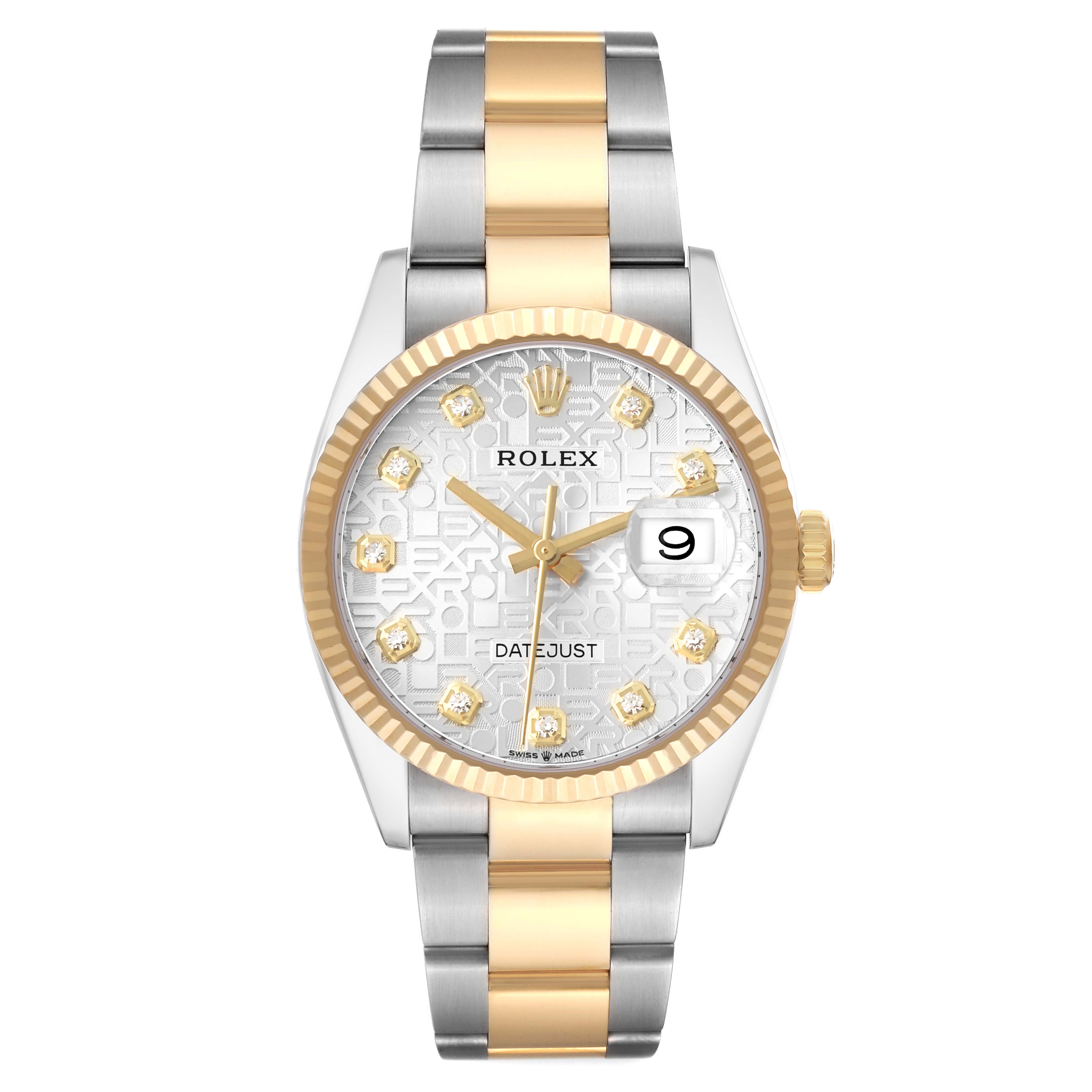The Rolex Datejust 126233 Men's Steel and Gold (two tone) Silver Dial watch is shown from the front, displaying its face, bezel, bracelet, and crown.