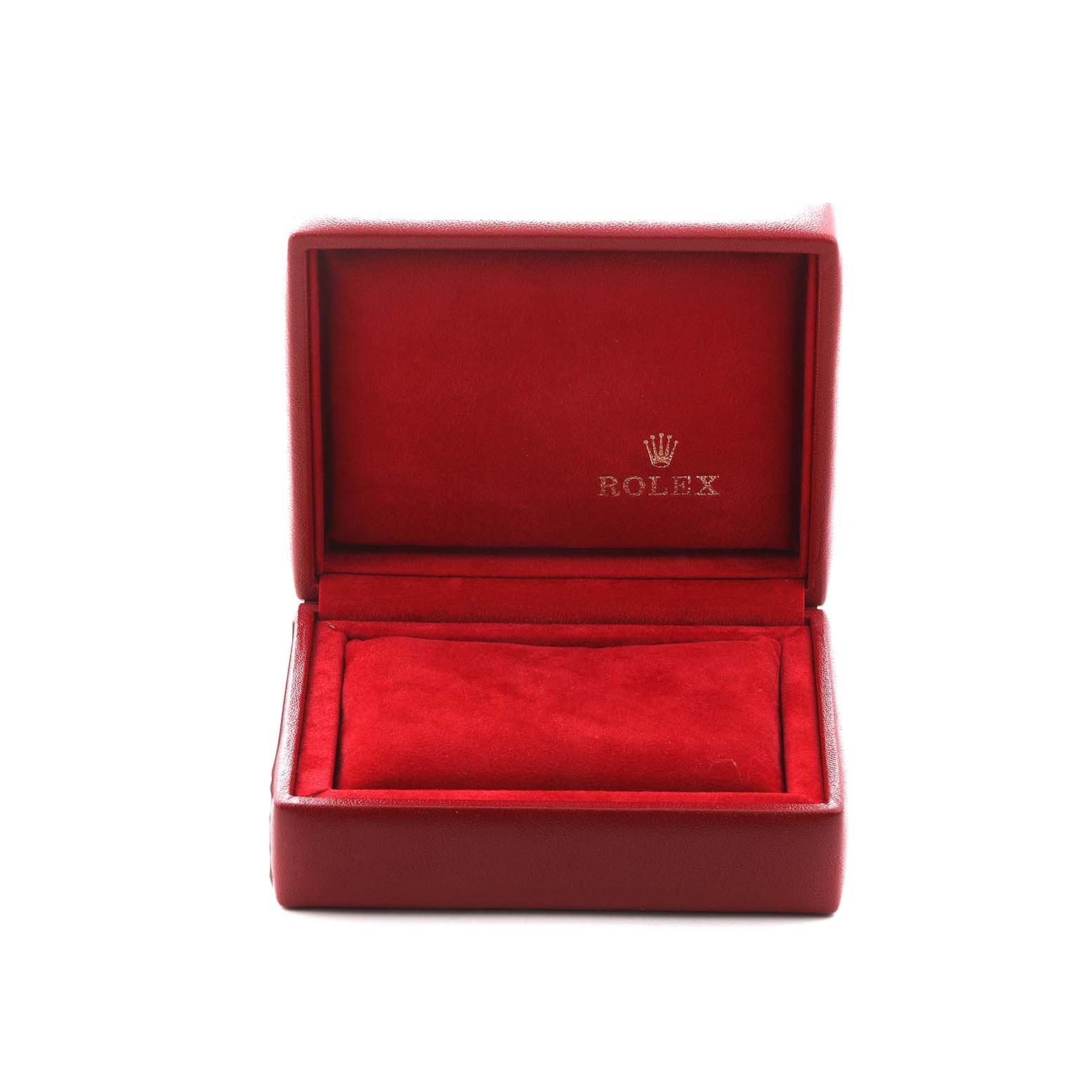 The image shows a red Rolex Datejust 79163 Women's Steel and Gold (two tone) Silver Dial watch box with the lid open, revealing the plush interior and Rolex logo.