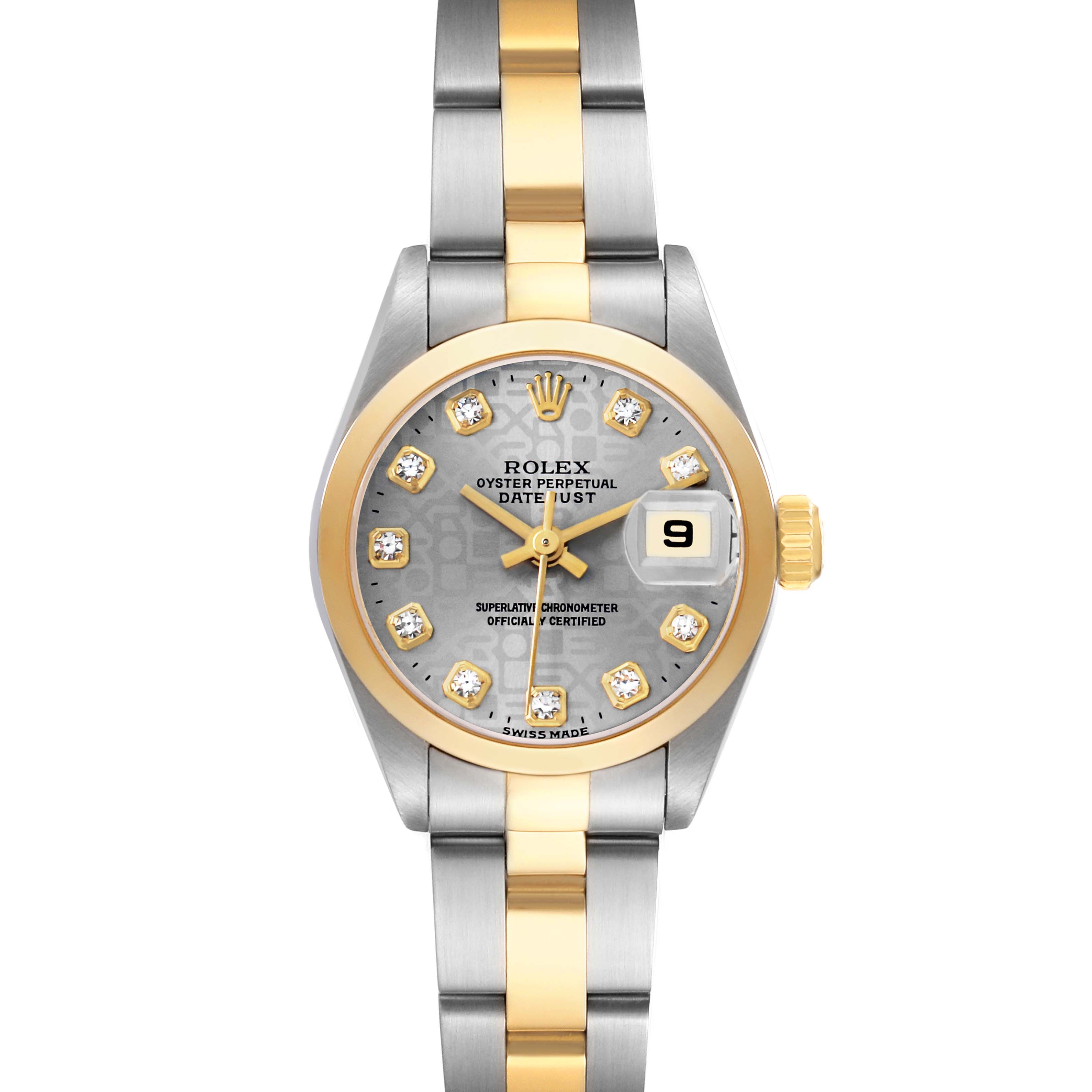 The Rolex Datejust 79163 Women's Steel and Gold (two tone) Silver Dial watch is shown from a top angle, highlighting its two-tone bracelet, dial, and date window.
