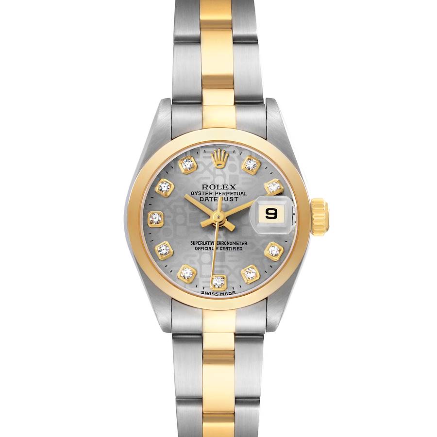 The Rolex Datejust 79163 Women's Steel and Gold (two tone) Silver Dial watch is shown from a top angle, highlighting its two-tone bracelet, dial, and date window.