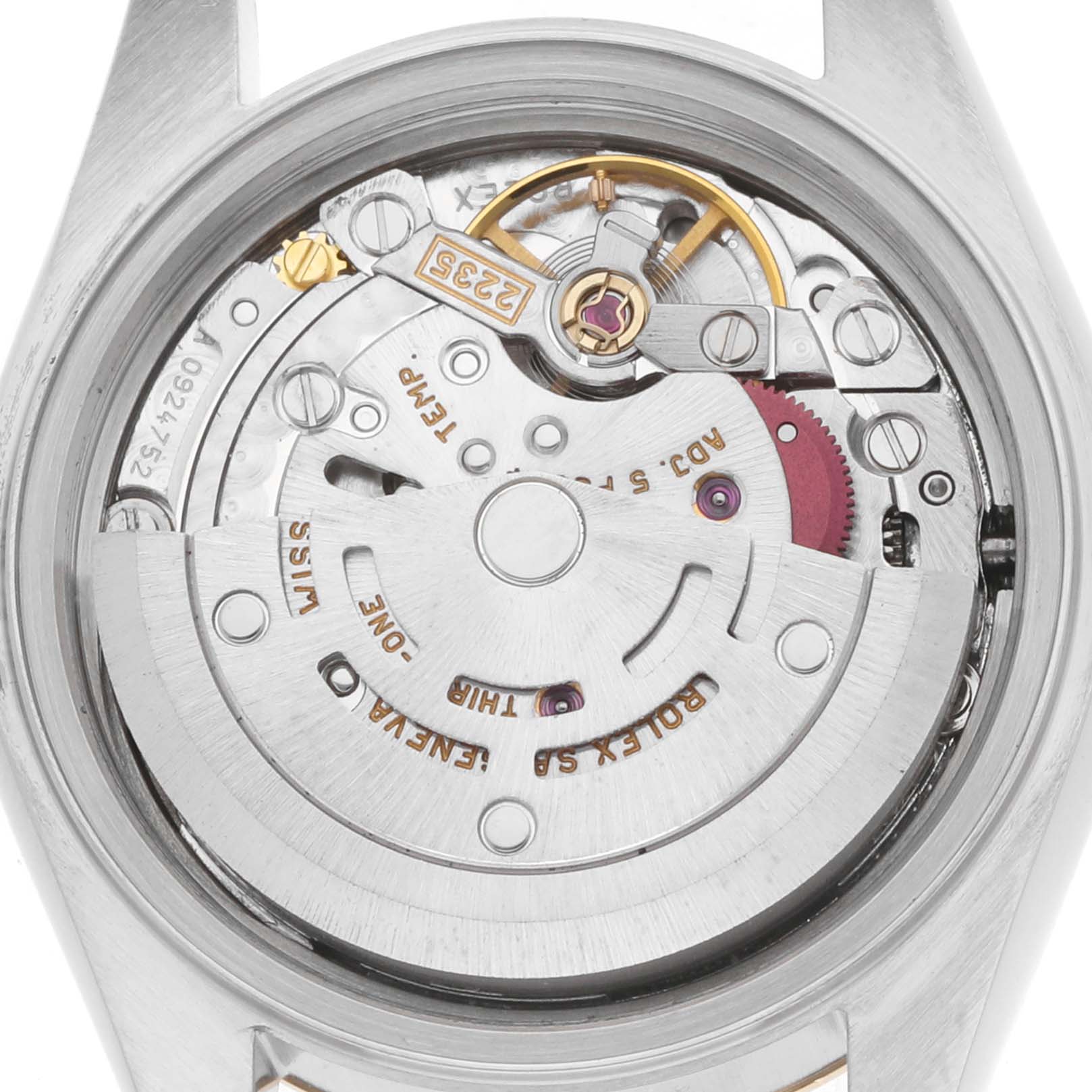 The image shows the internal mechanism of the Rolex Datejust 79163 Women's Steel and Gold (two tone) Silver Dial watch from a straight top-down angle.