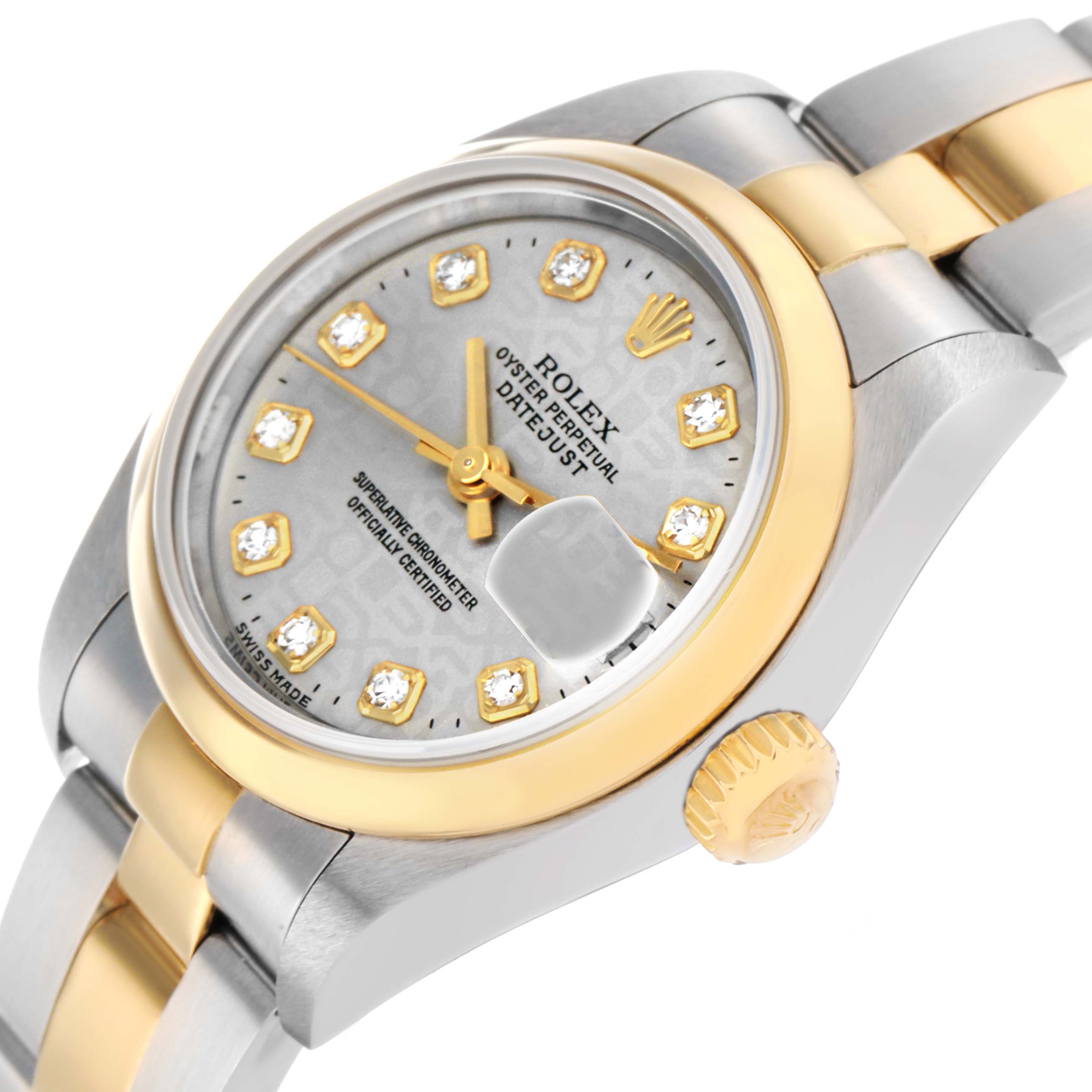 The photo shows a Rolex Datejust 79163 Women's Steel and Gold (two tone) Silver Dial watch from a three-quarter angle, highlighting its dial, crown, and part of the bracelet.