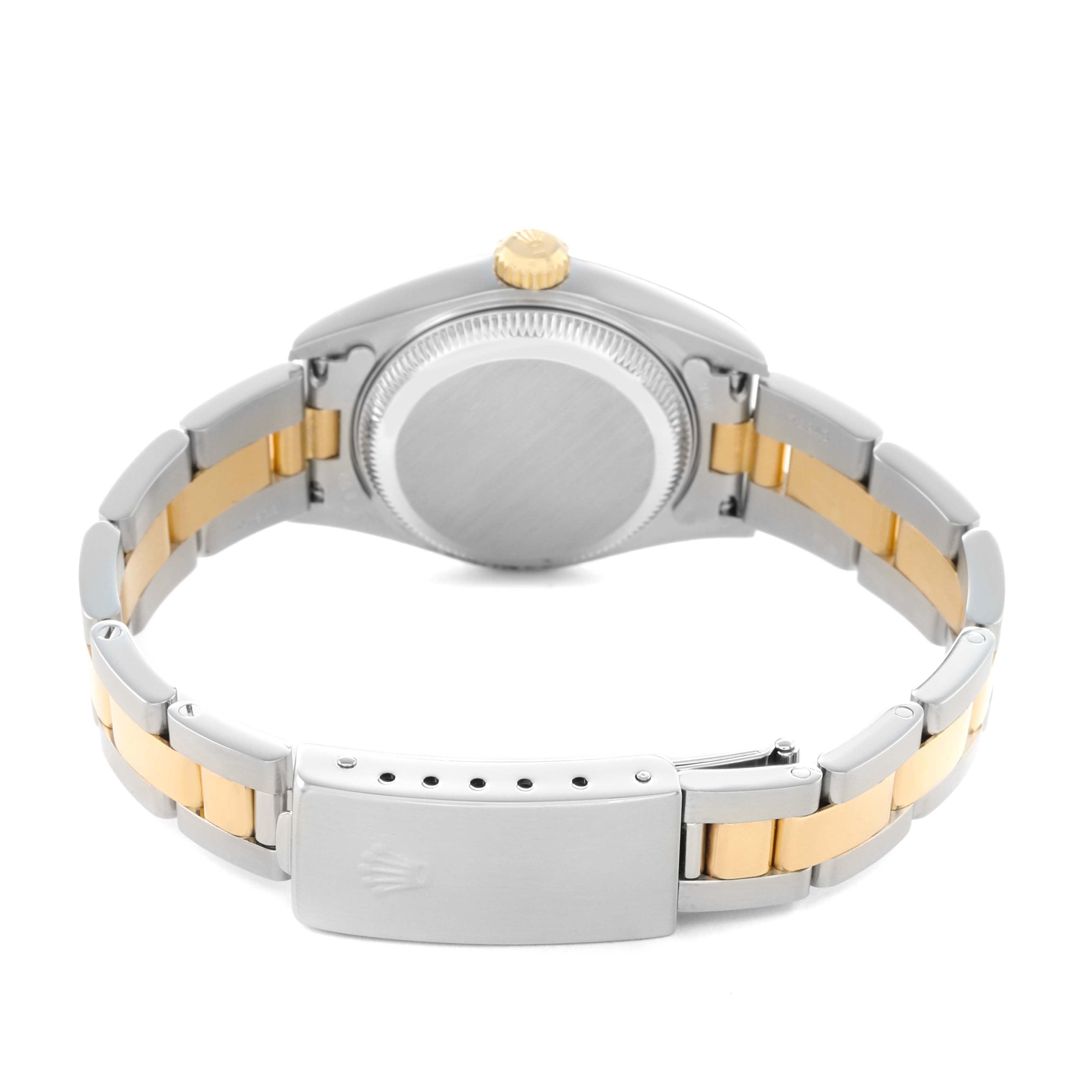 The image shows the back of the Rolex Datejust 79163 Women's Steel and Gold (two tone) Silver Dial, displaying the case back, bracelet, and clasp.