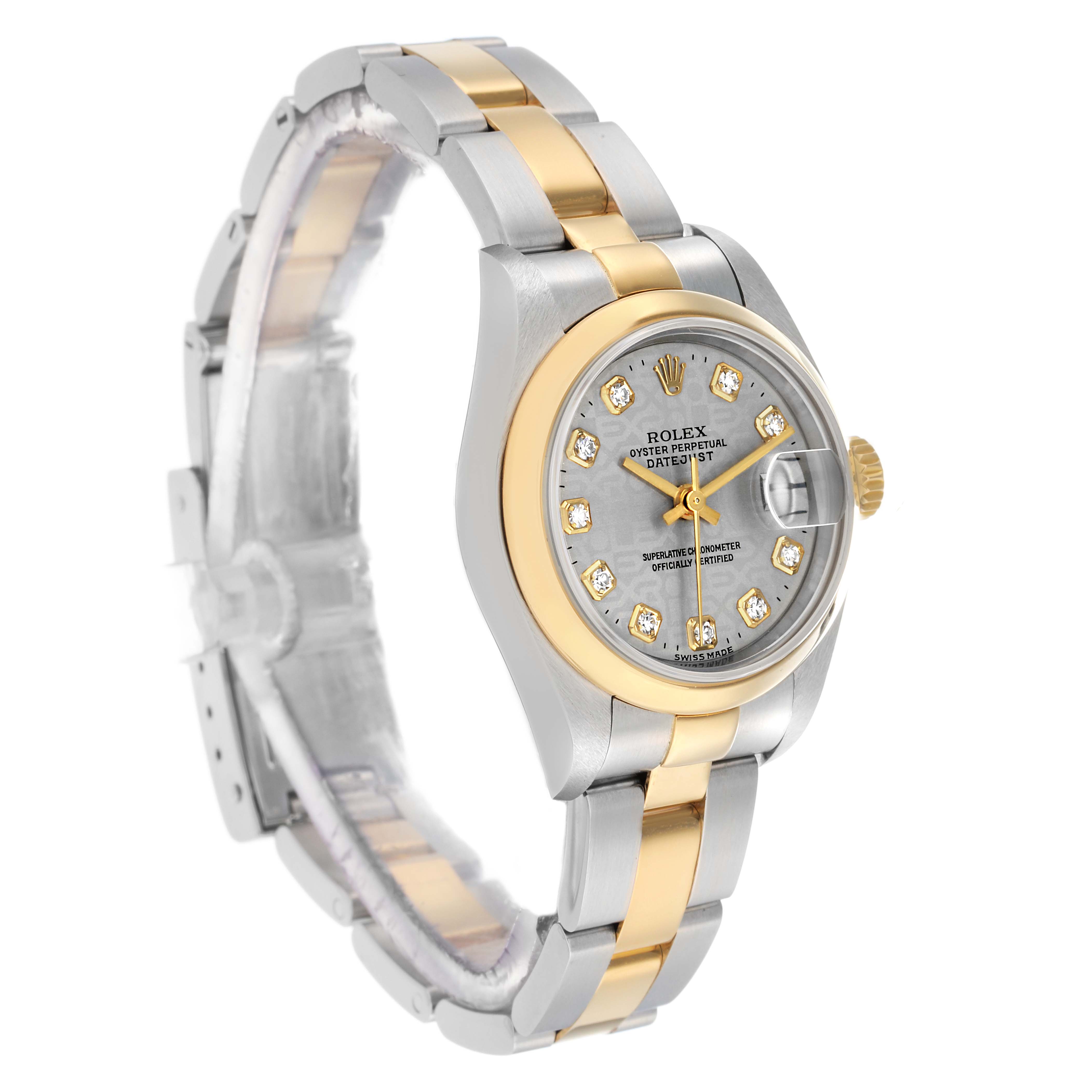 The Rolex Datejust 79163 Women's Steel and Gold (two tone) Silver Dial watch is shown at a three-quarter angle, displaying the dial, bezel, and bracelet with gold and silver tones.